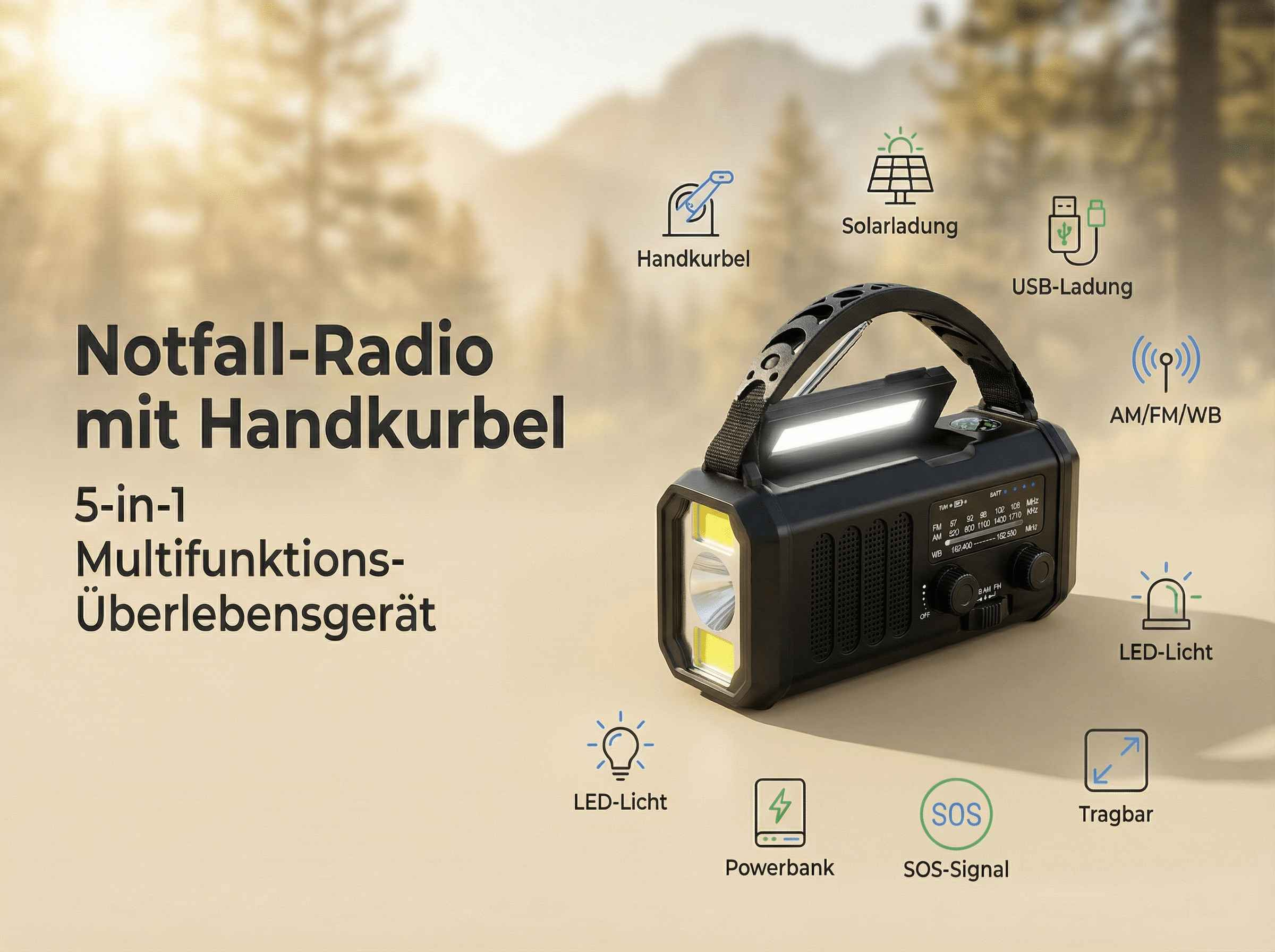 Notfallradio mit Handkurbel, Solar, USB, LED-Licht, Powerbank & SOS.