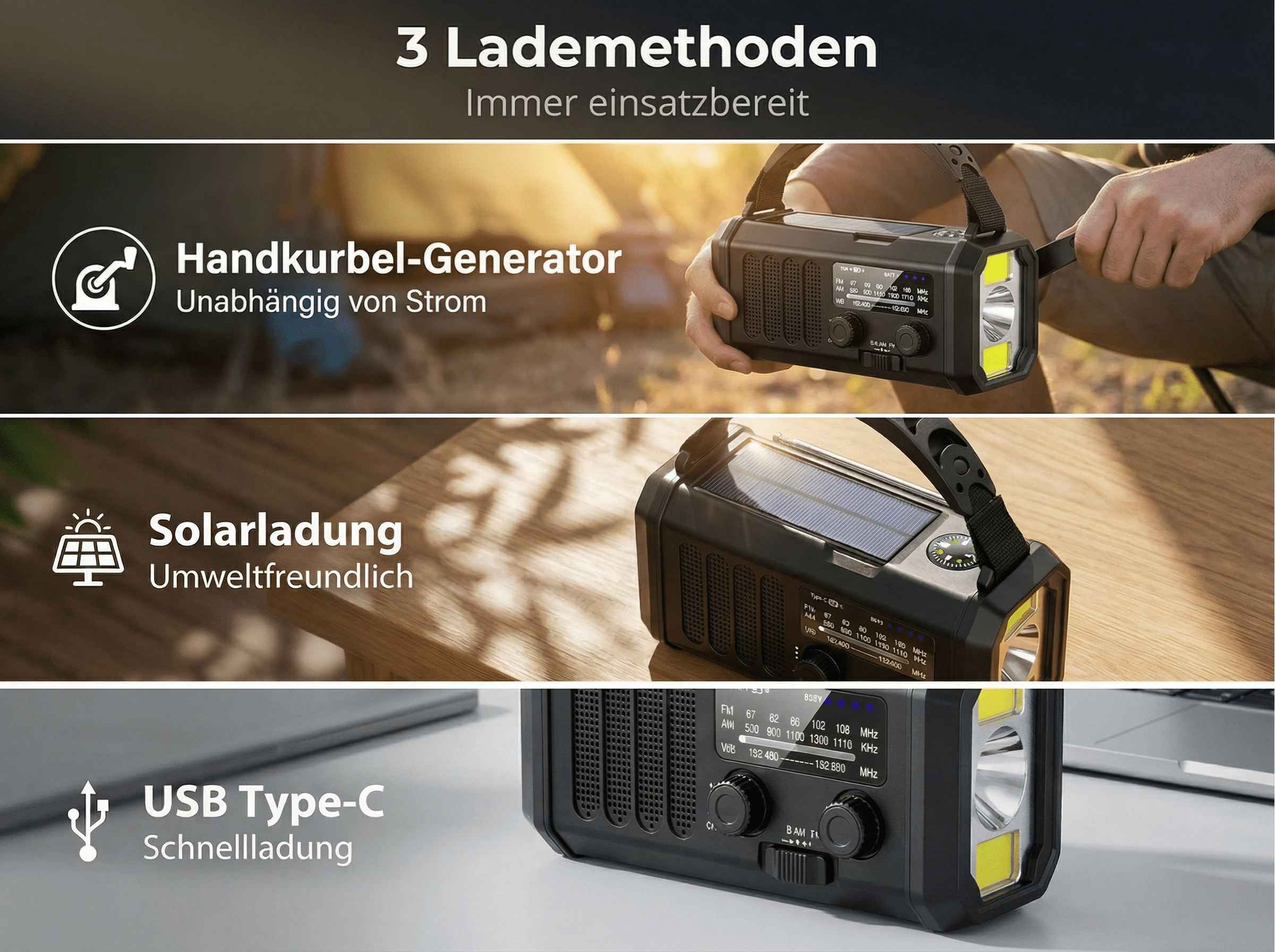 Ein tragbares Gerät zeigt drei Lademethoden: Handkurbel, Solarladung und USB-C.