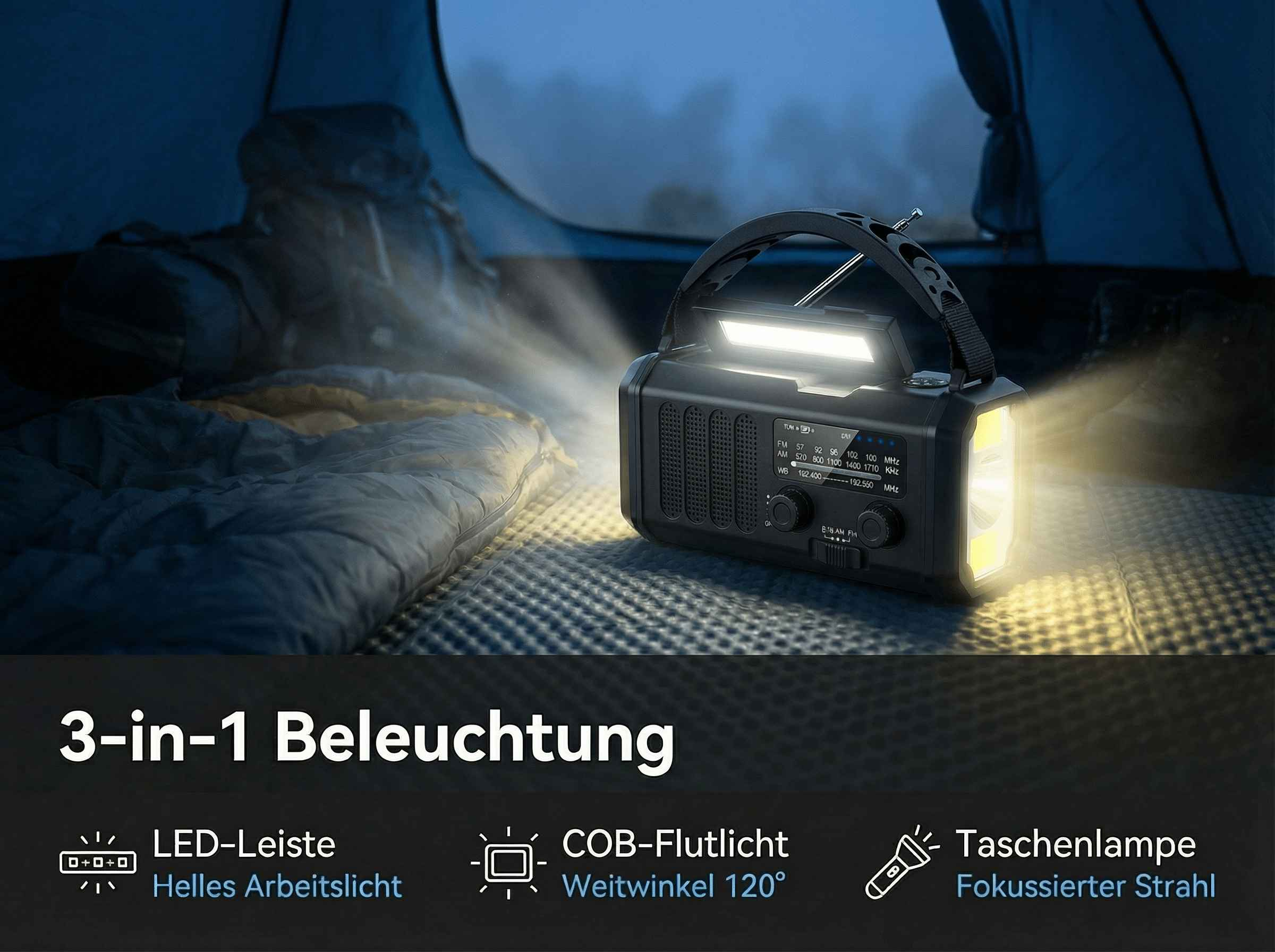Ein Notfallradio mit Taschenlampe und LED-Leiste beleuchtet ein Zelt.