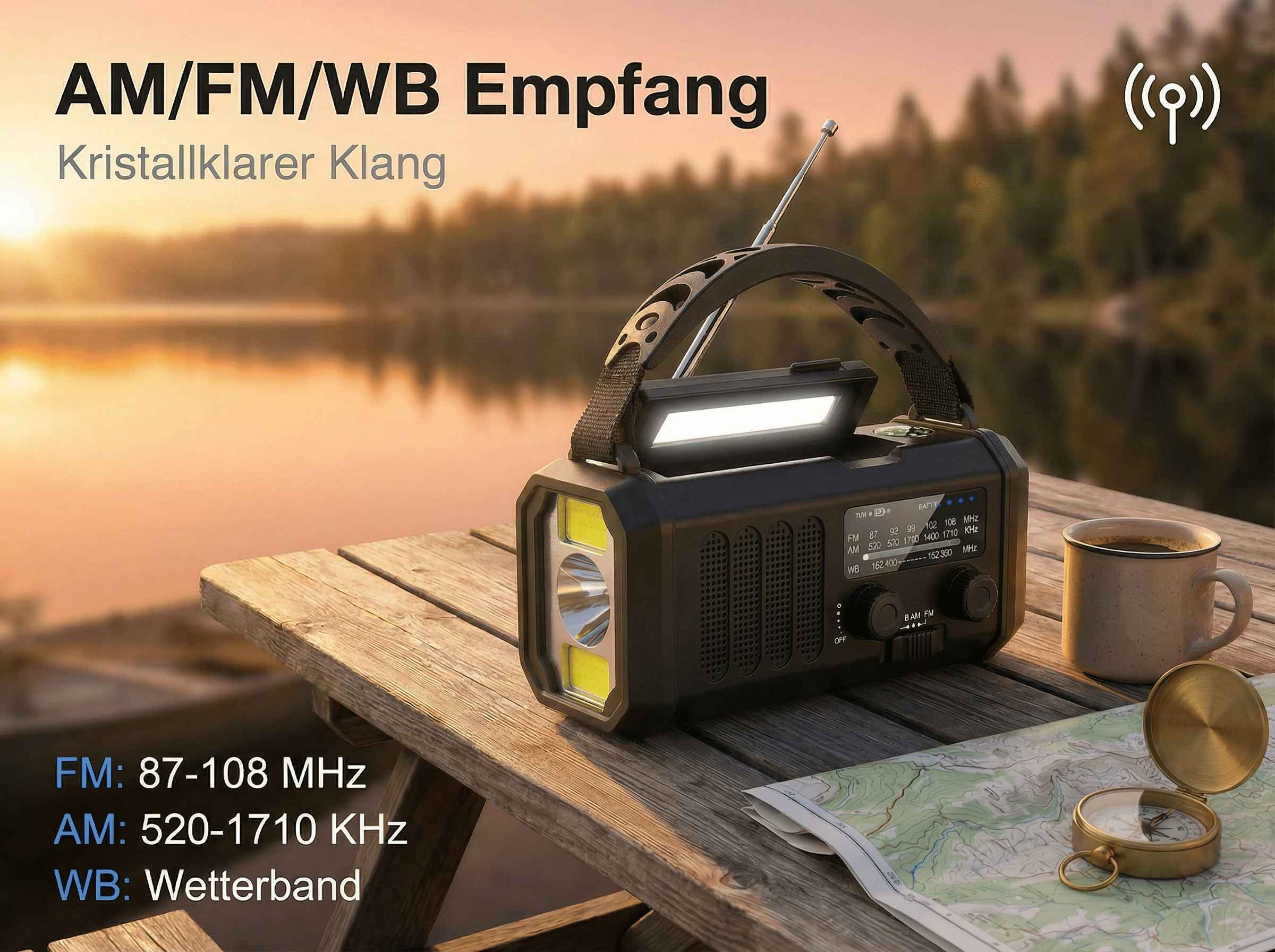 Ein Radio mit Taschenlampe und Kompass auf einem Holztisch bei Sonnenuntergang.