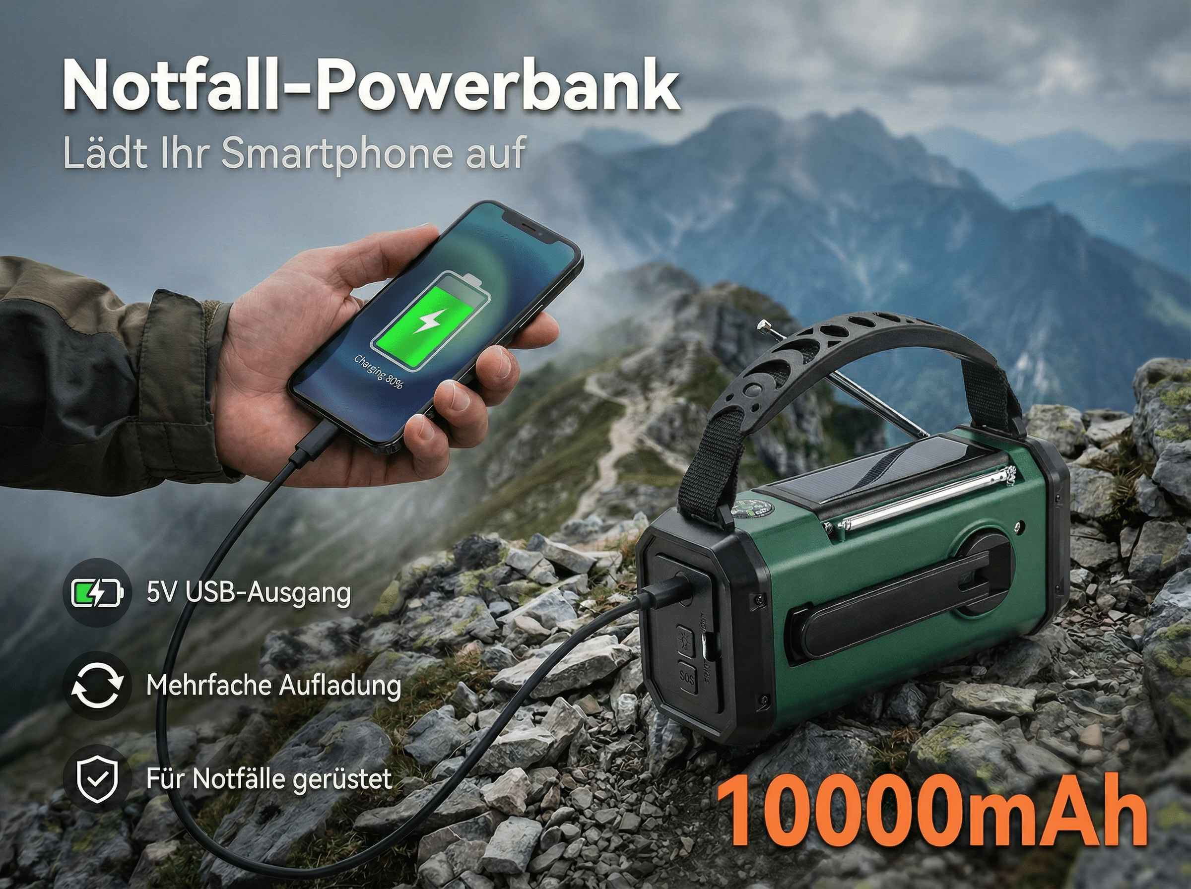 Grüne Powerbank lädt Smartphone in Berglandschaft. 10000mAh.