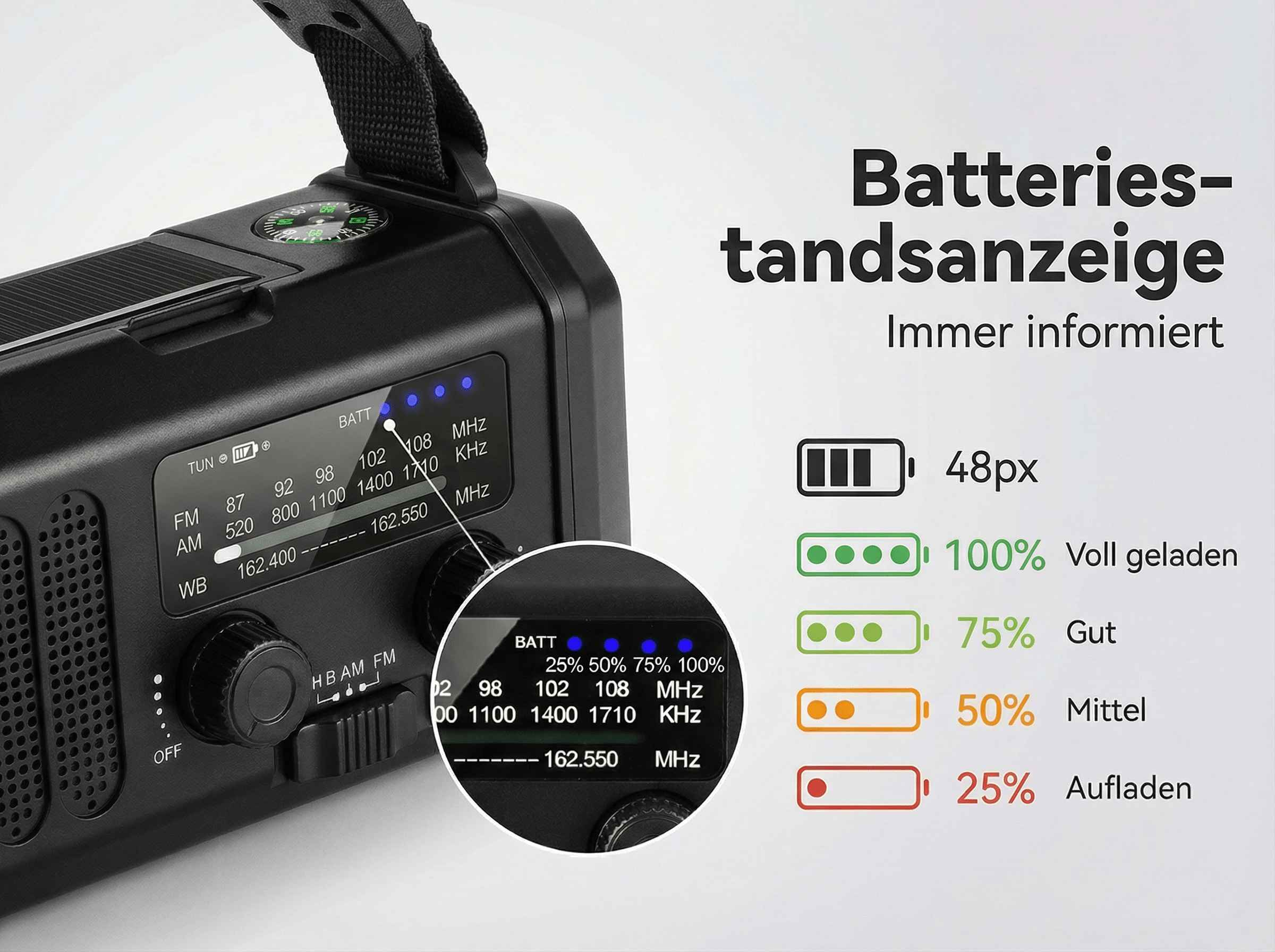 Ein schwarzes Radio mit Batteriestandsanzeige und Frequenzskalen.
