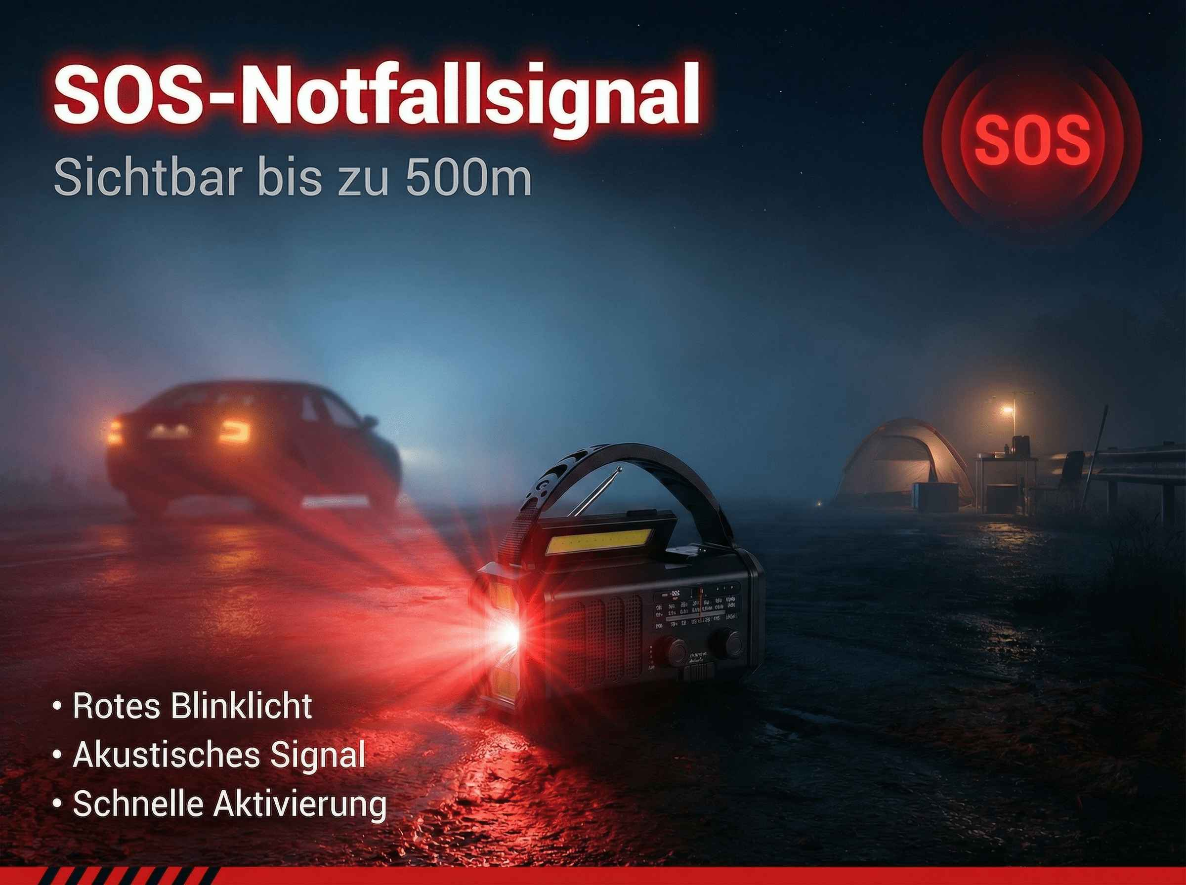 Notfall-Funkgerät mit rotem Blinklicht und SOS-Signal, sichtbar bis 500m.