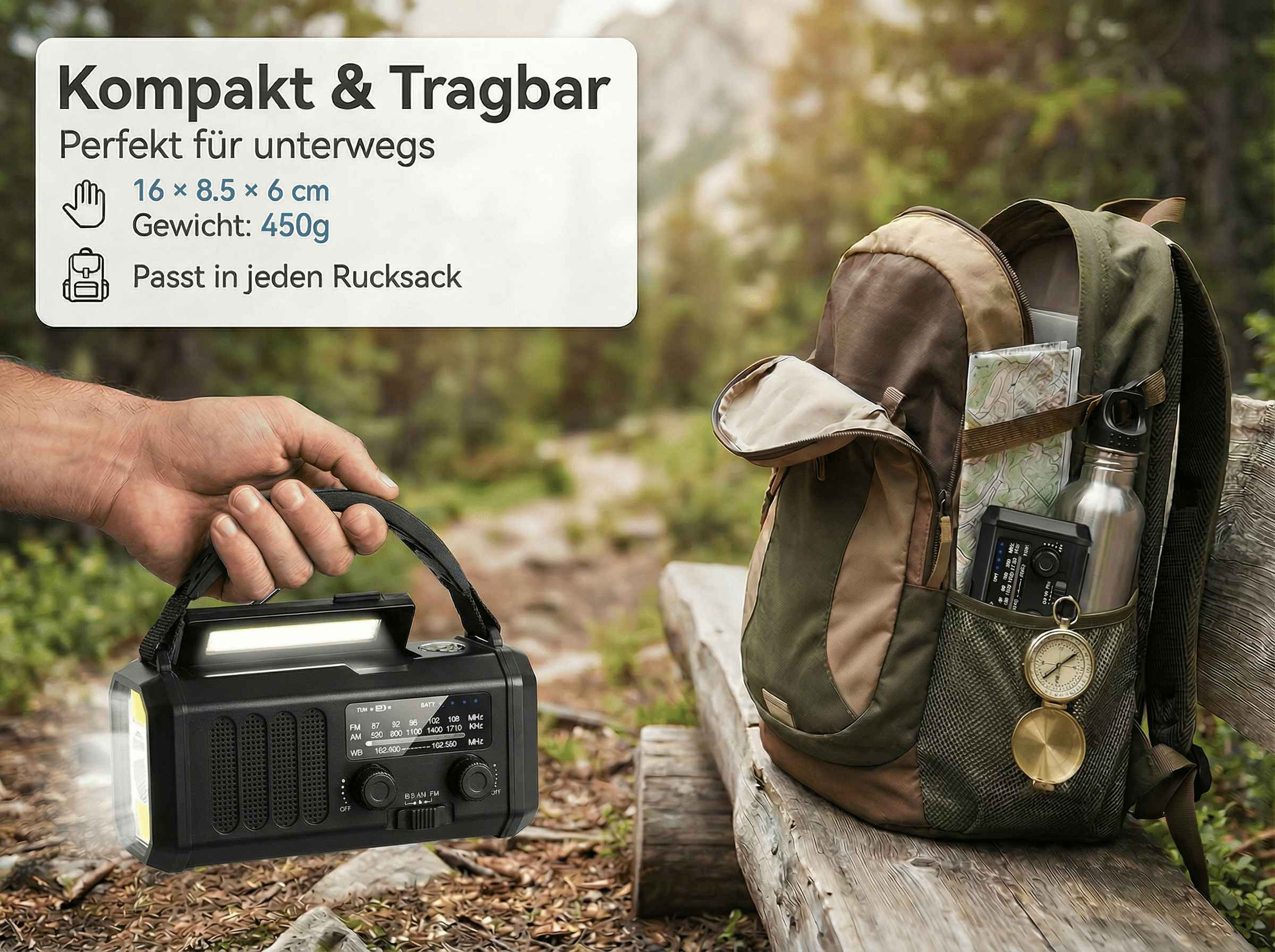 Eine Hand hält ein schwarzes Notfallradio mit Licht. Ein Rucksack steht daneben.