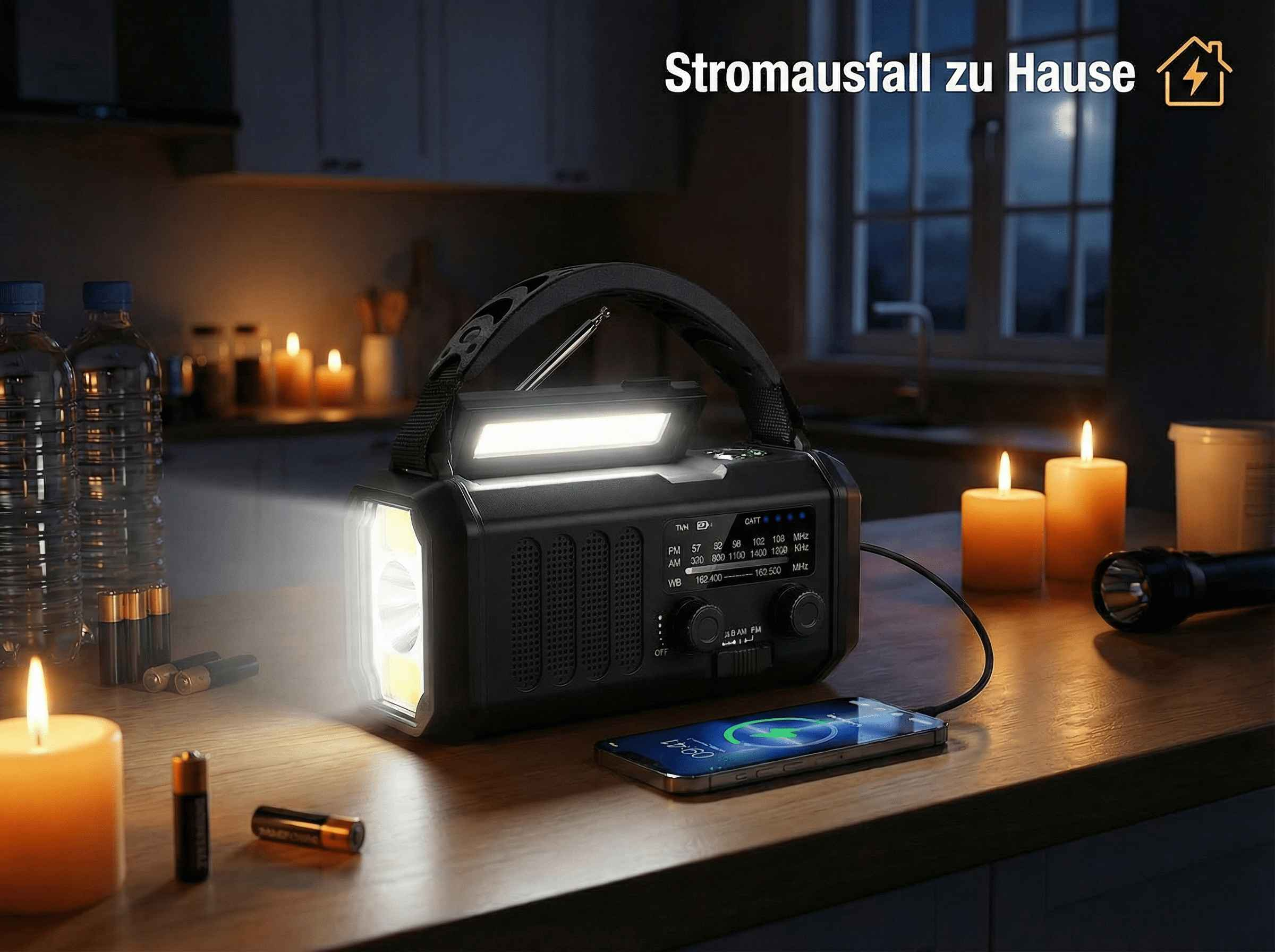 Stromausfall: Radio, Lampe, Handy, Kerzen, Batterien auf Holztisch.