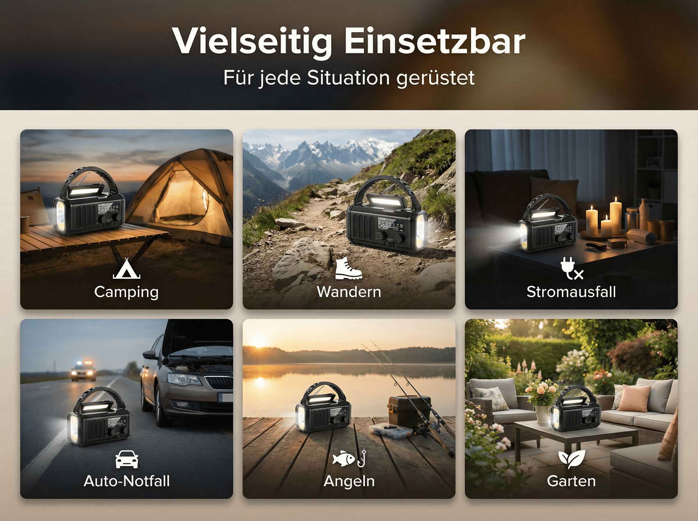 Ein Radio mit Lampe wird in verschiedenen Szenarien gezeigt: Camping, Wandern, Stromausfall, Auto, Angeln, Garten.