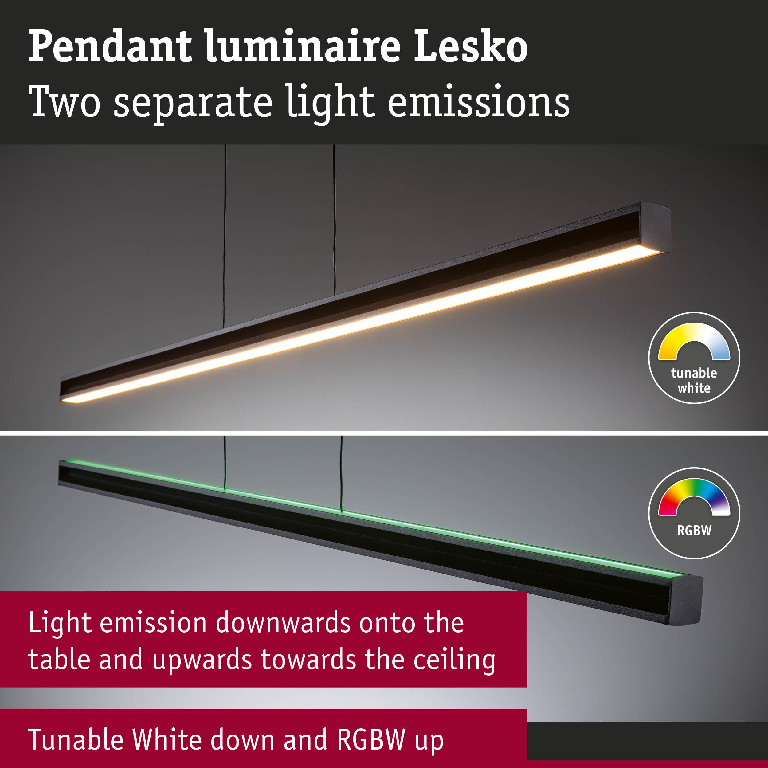 Czarna lampa wisząca z dwoma kolorami światła: ciepły biały u góry, zielony na dole. Tunable White i RGBW.