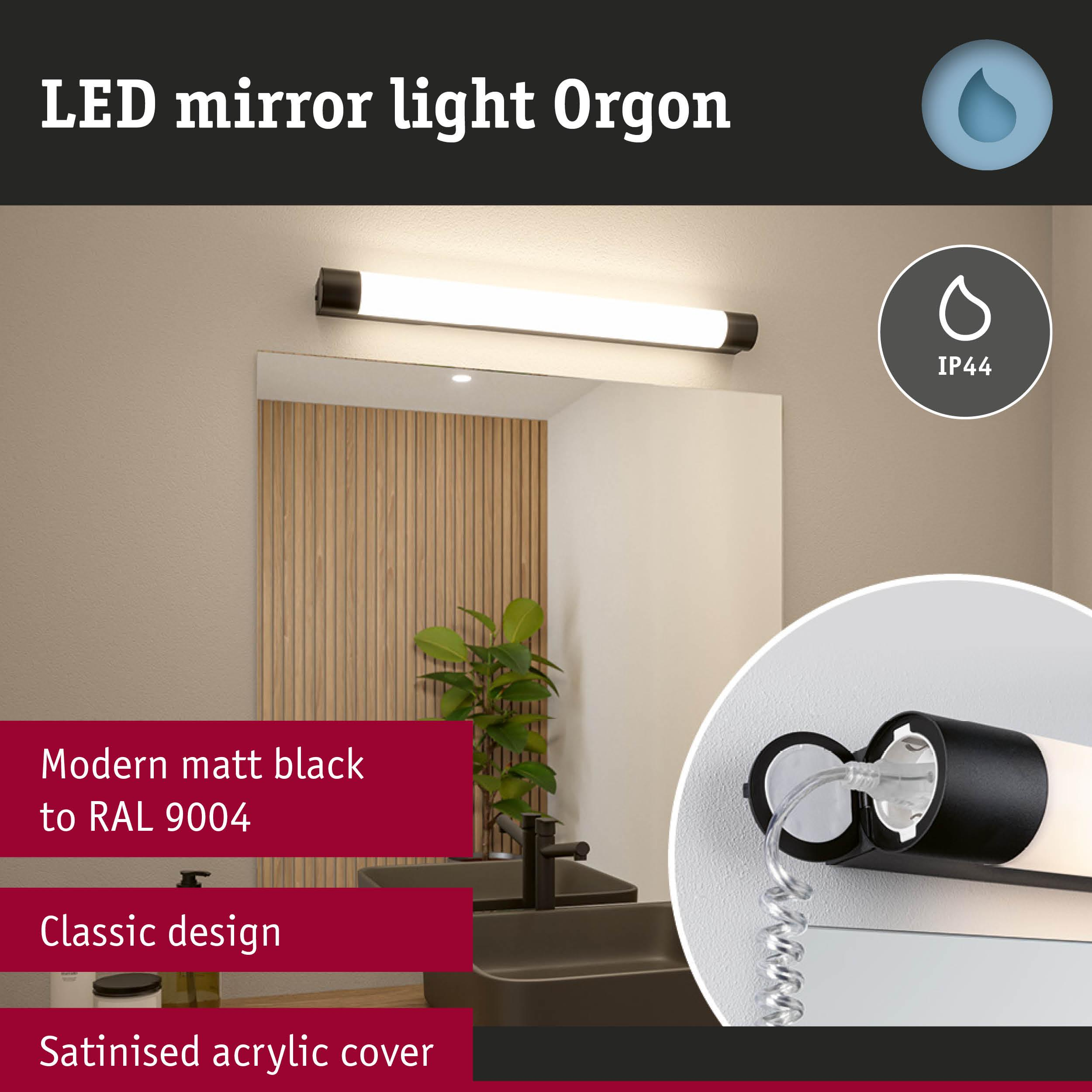 Oświetlenie lustra LED Orgon, czarne matowe, IP44.
