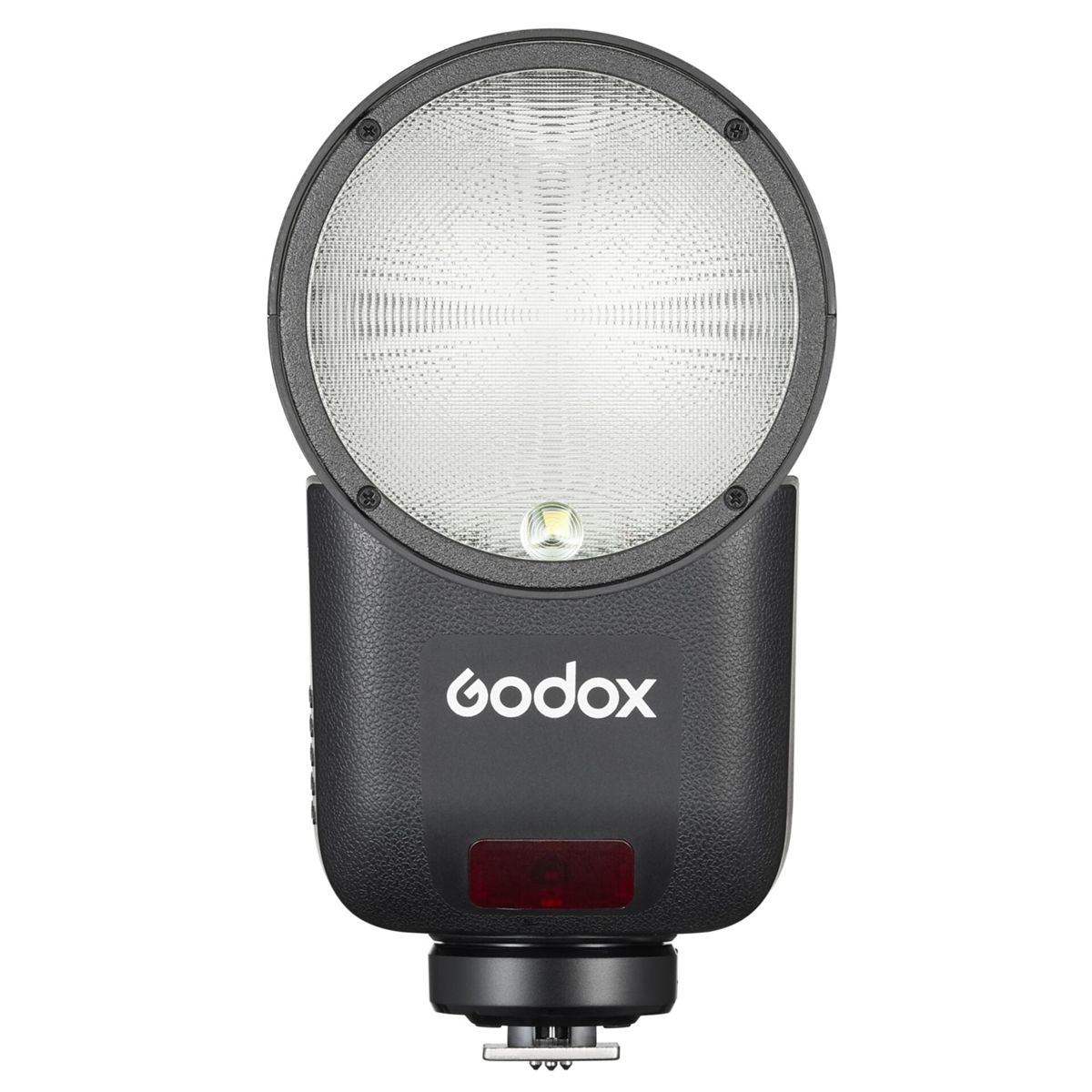 Eine schwarze Godox-Kamera-Blitzleuchte mit rundem Reflektor und LED-Pilotlicht.