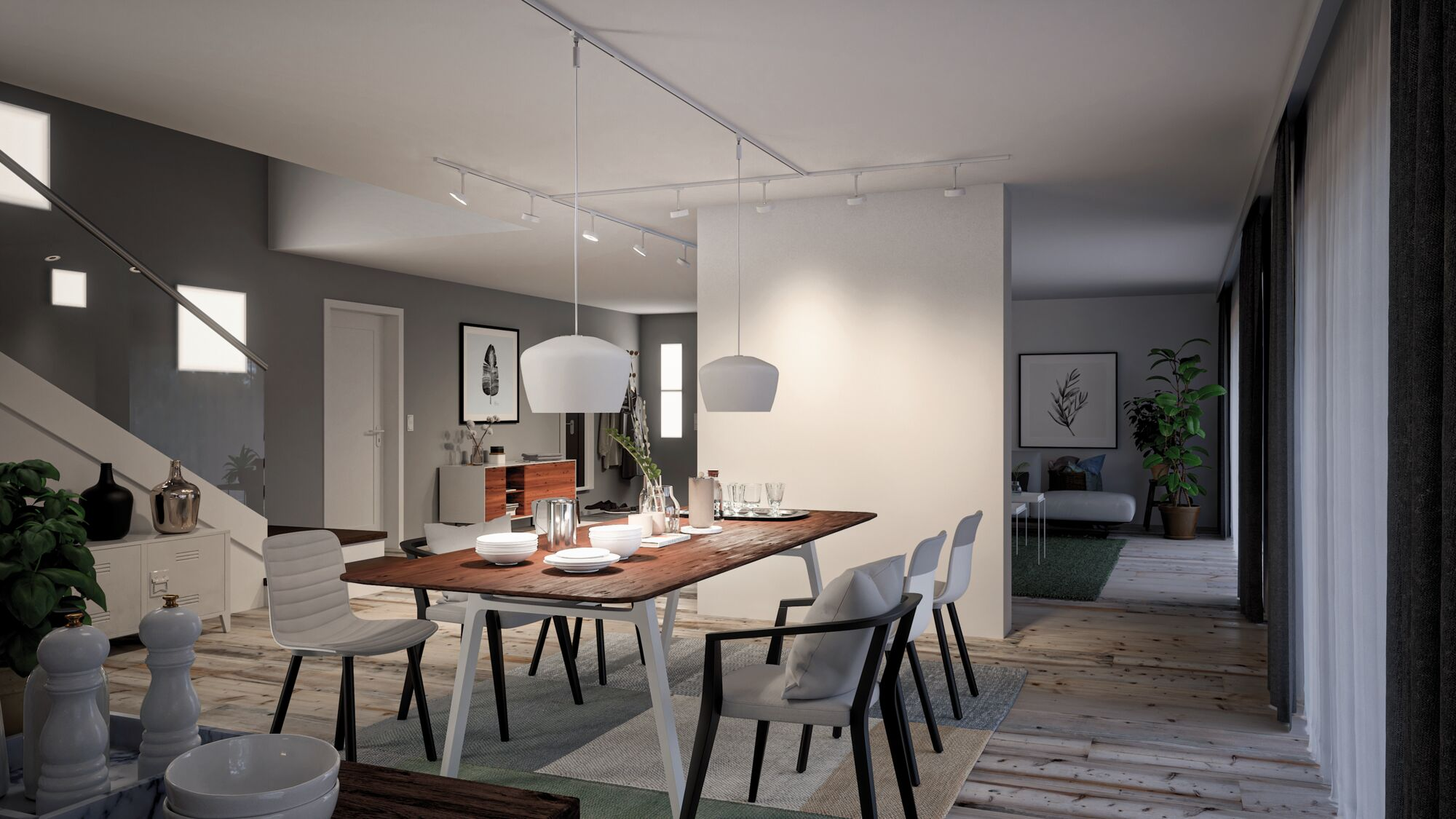 Nowoczesna jadalnia ze stołem, krzesłami, oświetleniem i schodami.