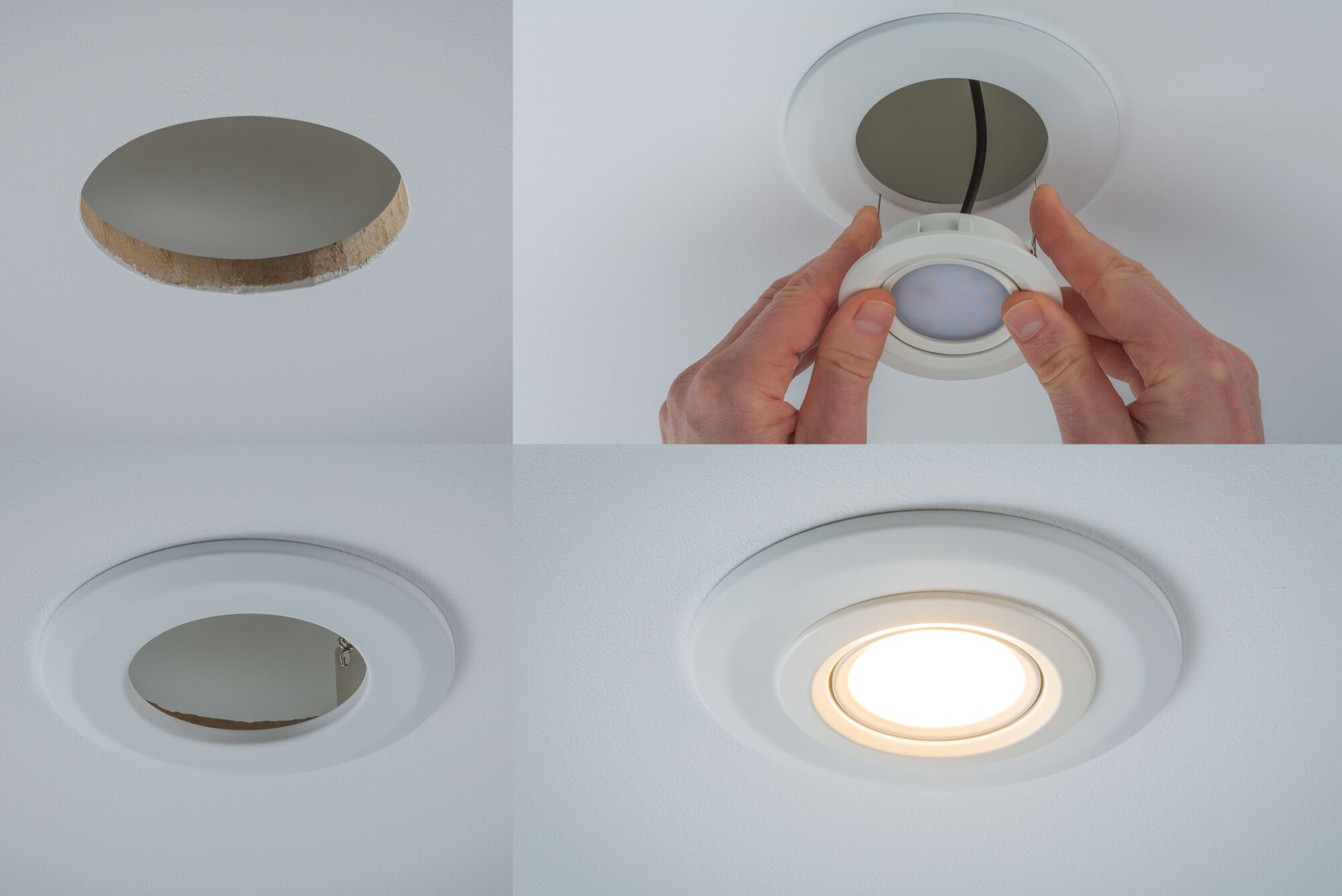 Cztery kroki instalacji reflektora sufitowego: otwór, podłączenie, włożenie, świeci.