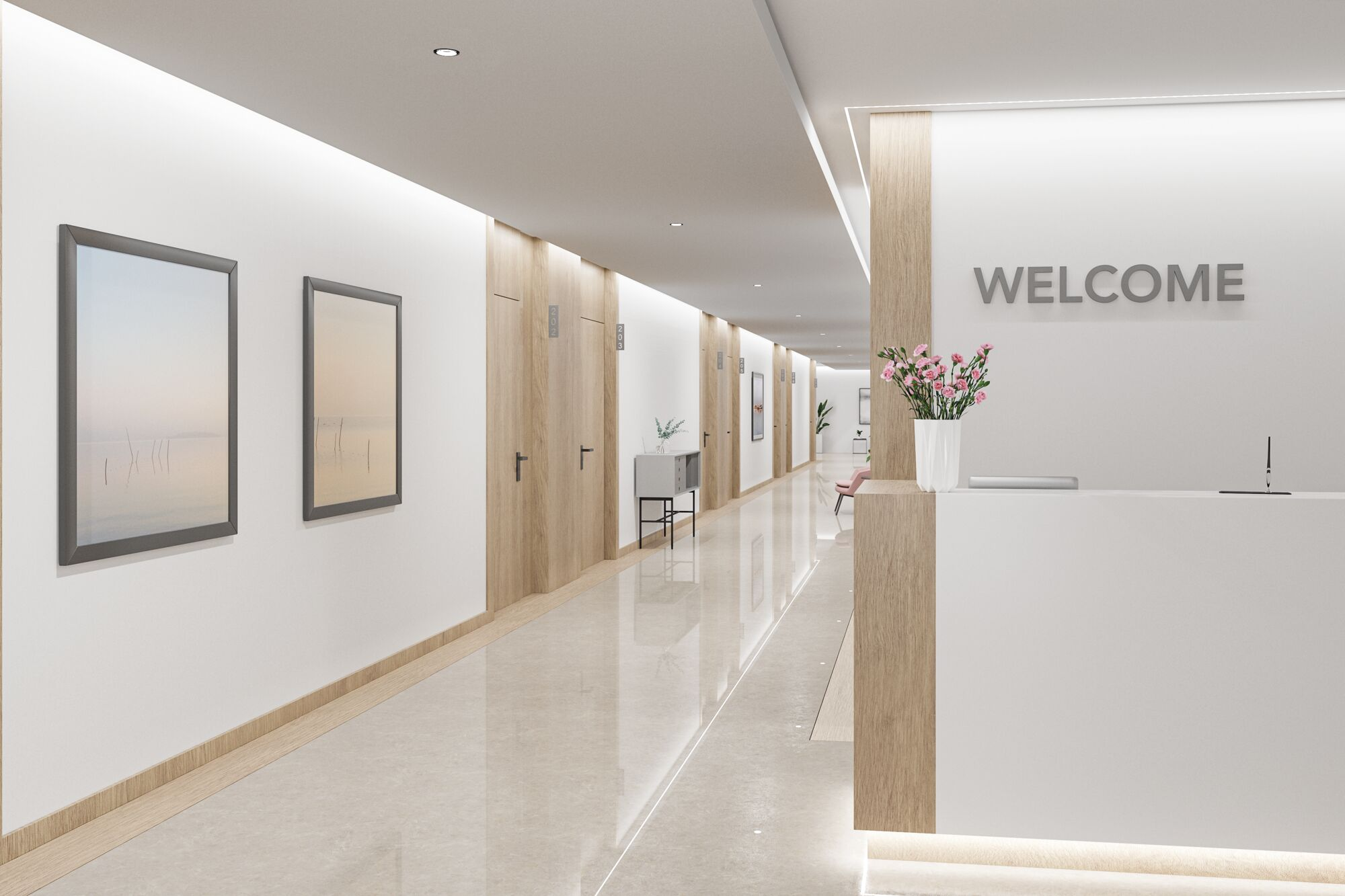 Nowoczesne recepcja z białym biurkiem, kwiatami i długim korytarzem z drewnianymi drzwiami.