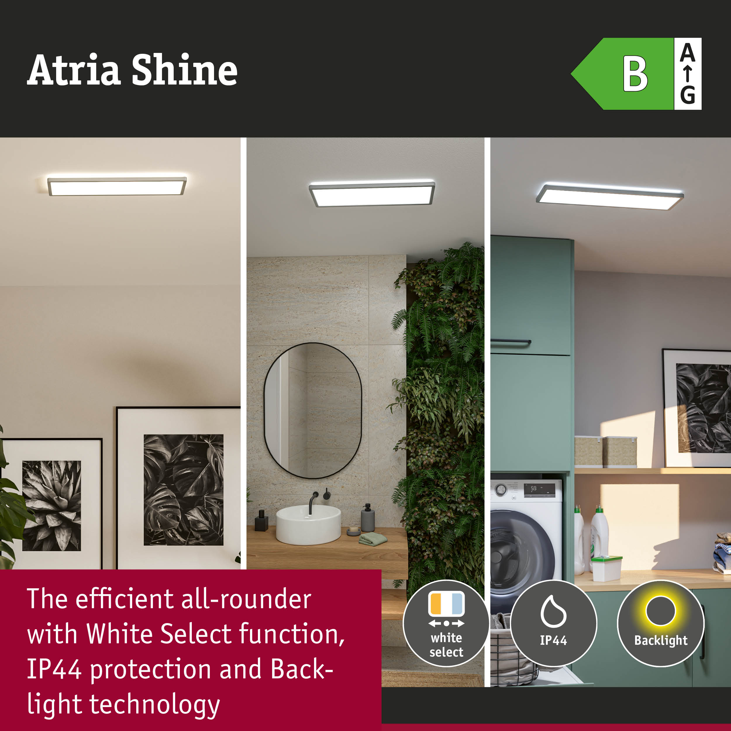 Lampa Atria Shine z White Select, IP44 i podświetleniem.