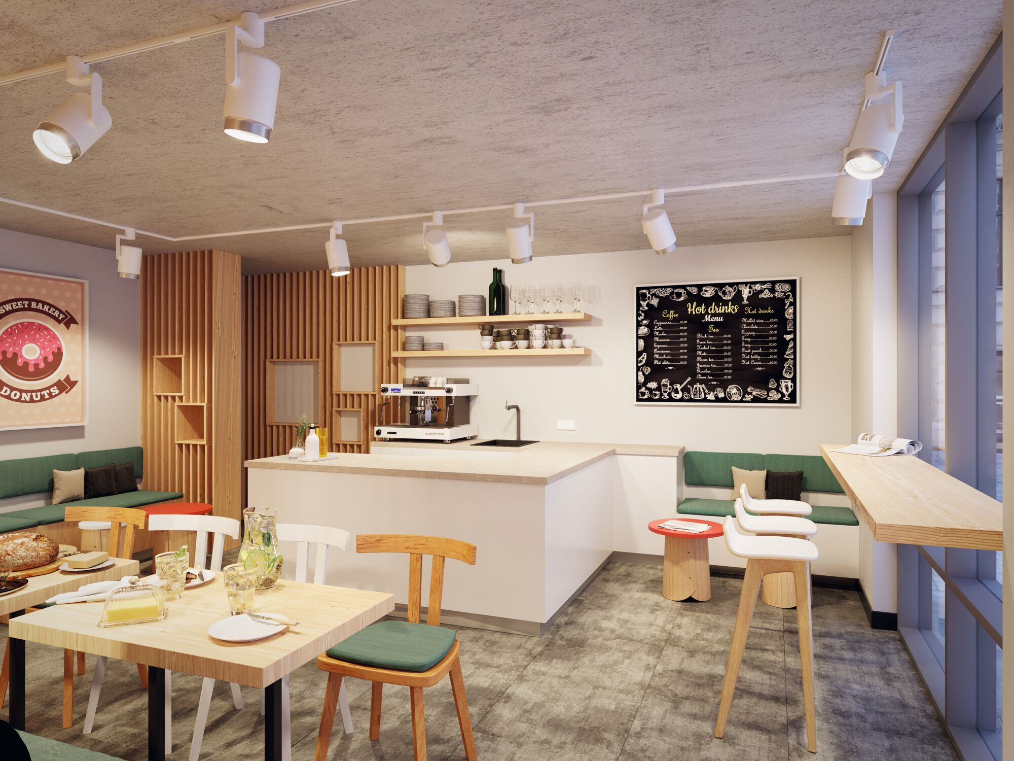 Ein Café mit Holzelementen, Sitzbänken, Tischen, Stühlen und einer Kaffeemaschine.