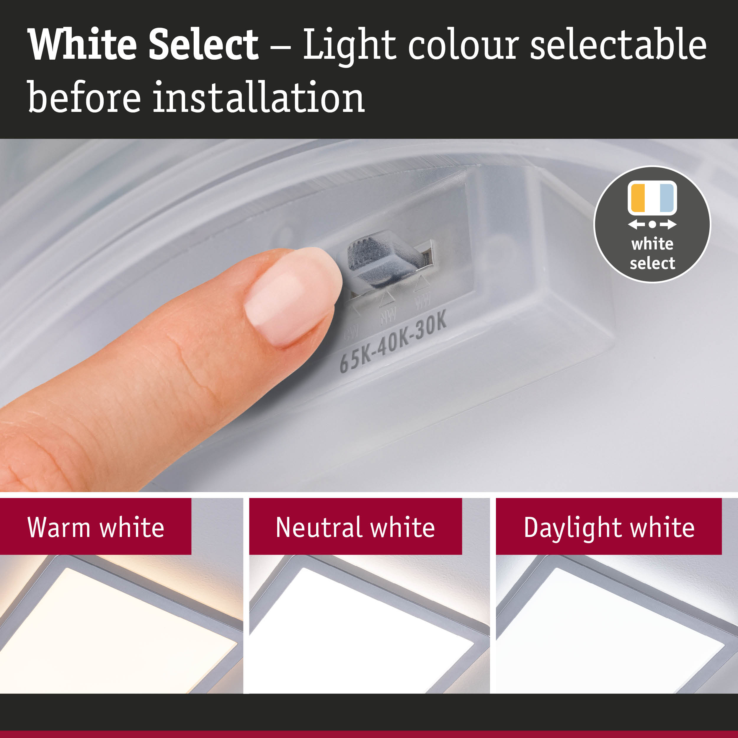 Palec reguluje przełącznik do wyboru temperatury barwowej światła.