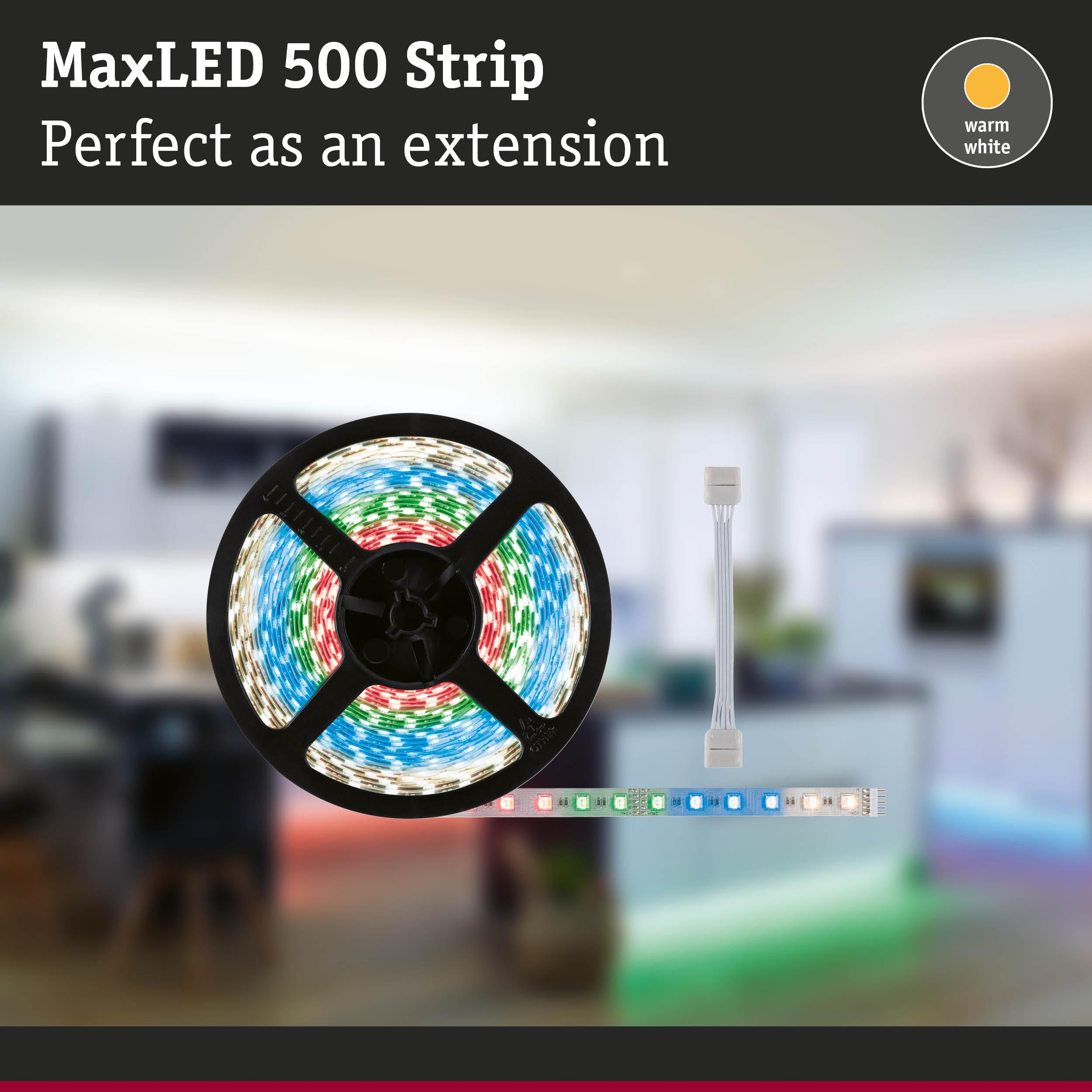 LED-Streifen auf einer Spule, mit warmweißer Beleuchtung und Zubehör.