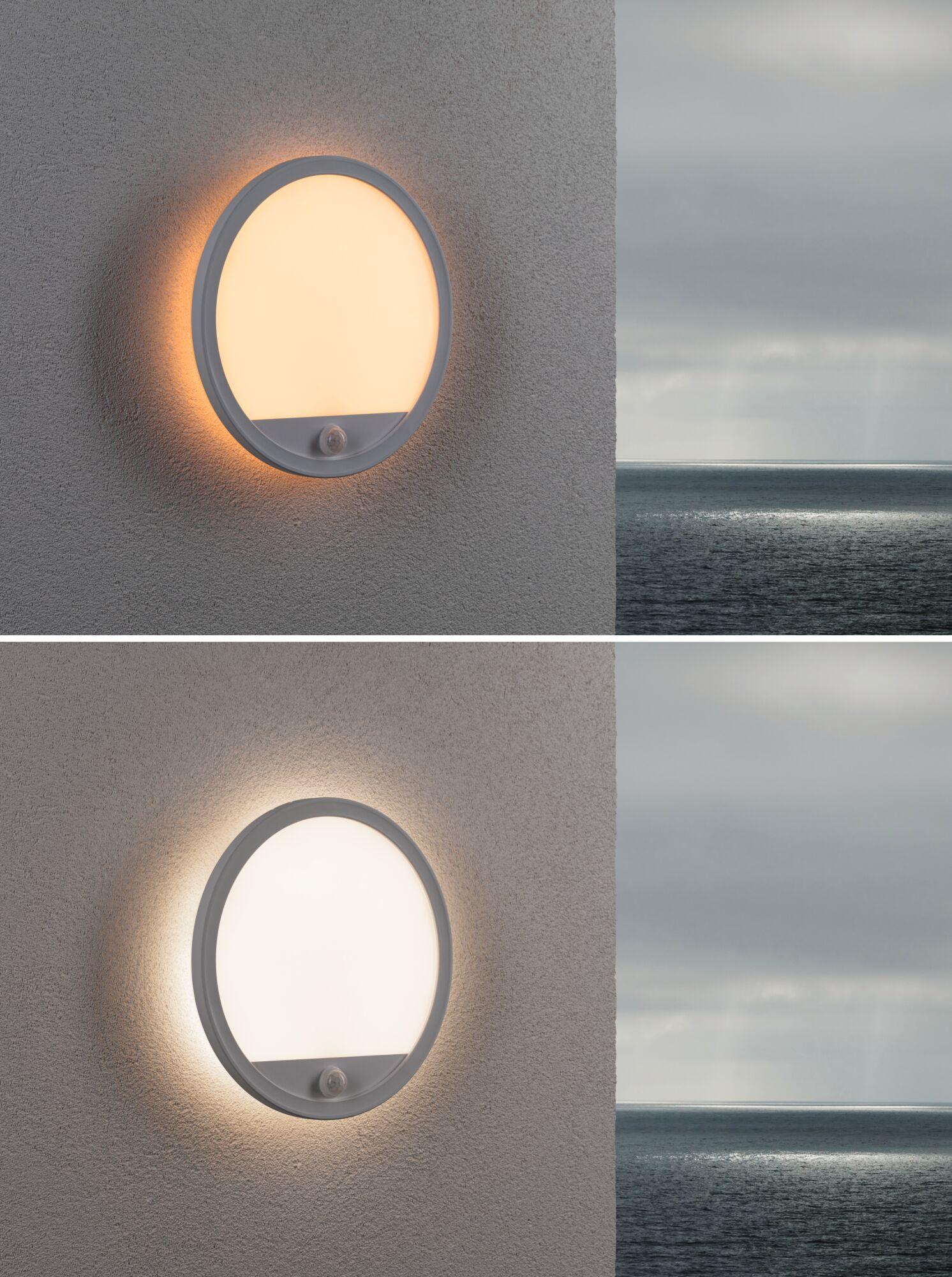 Runde Lampe mit Bewegungsmelder leuchtet warm und kalt. Meer und Himmel.