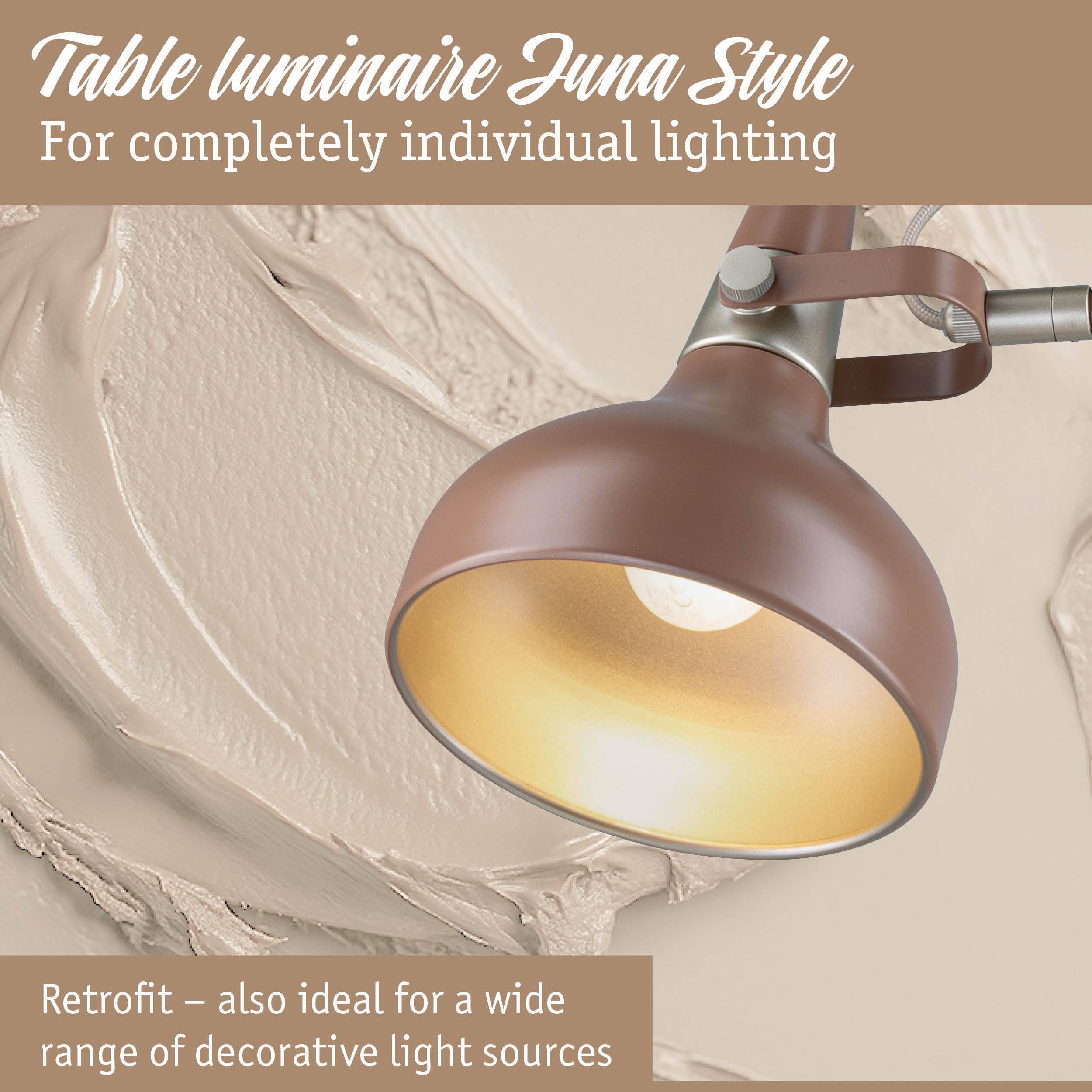 Brązowa lampa stołowa z srebrnymi akcentami na beżowym tle.