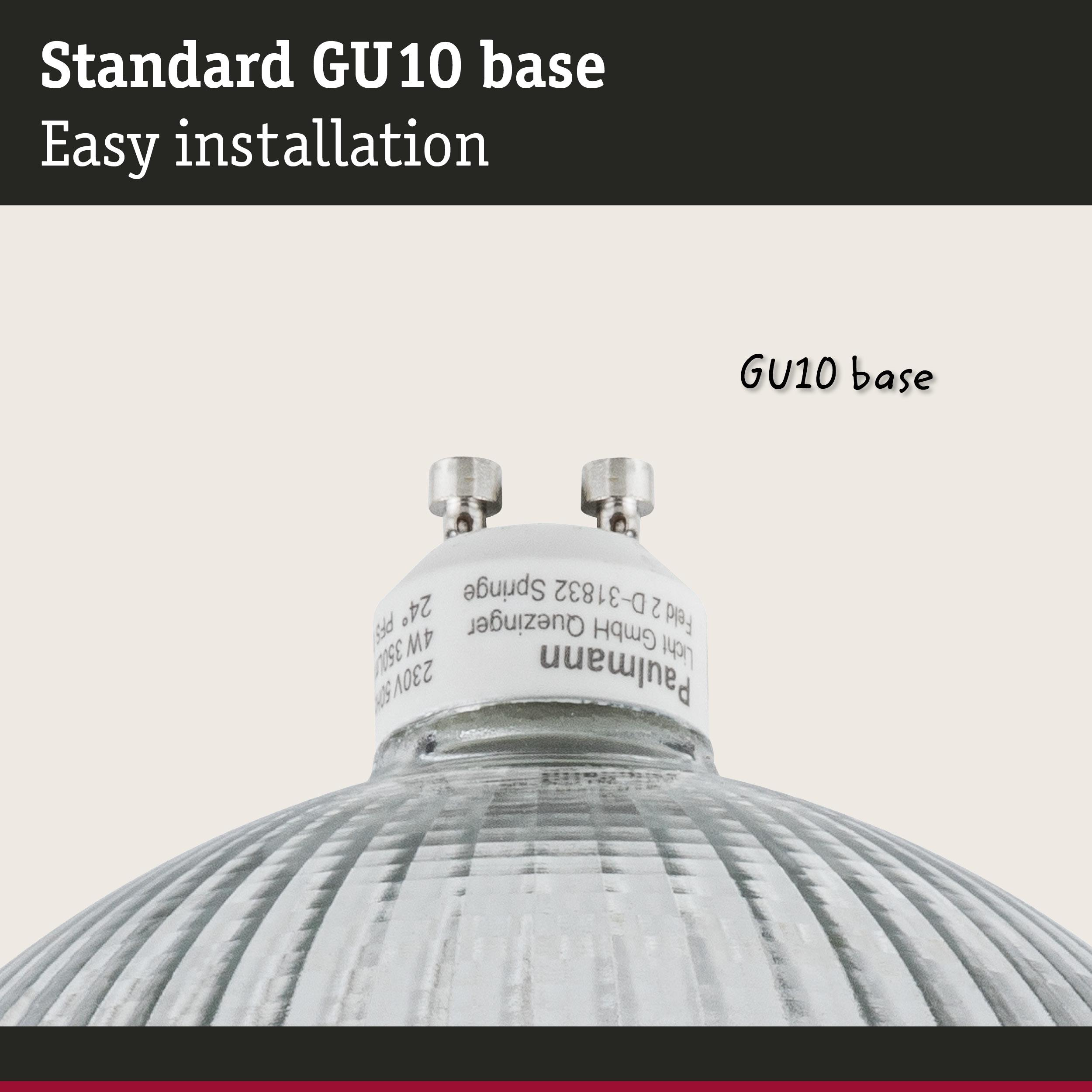 Zbliżenie na podstawę żarówki GU10 ze specyfikacją 230V, 4W.