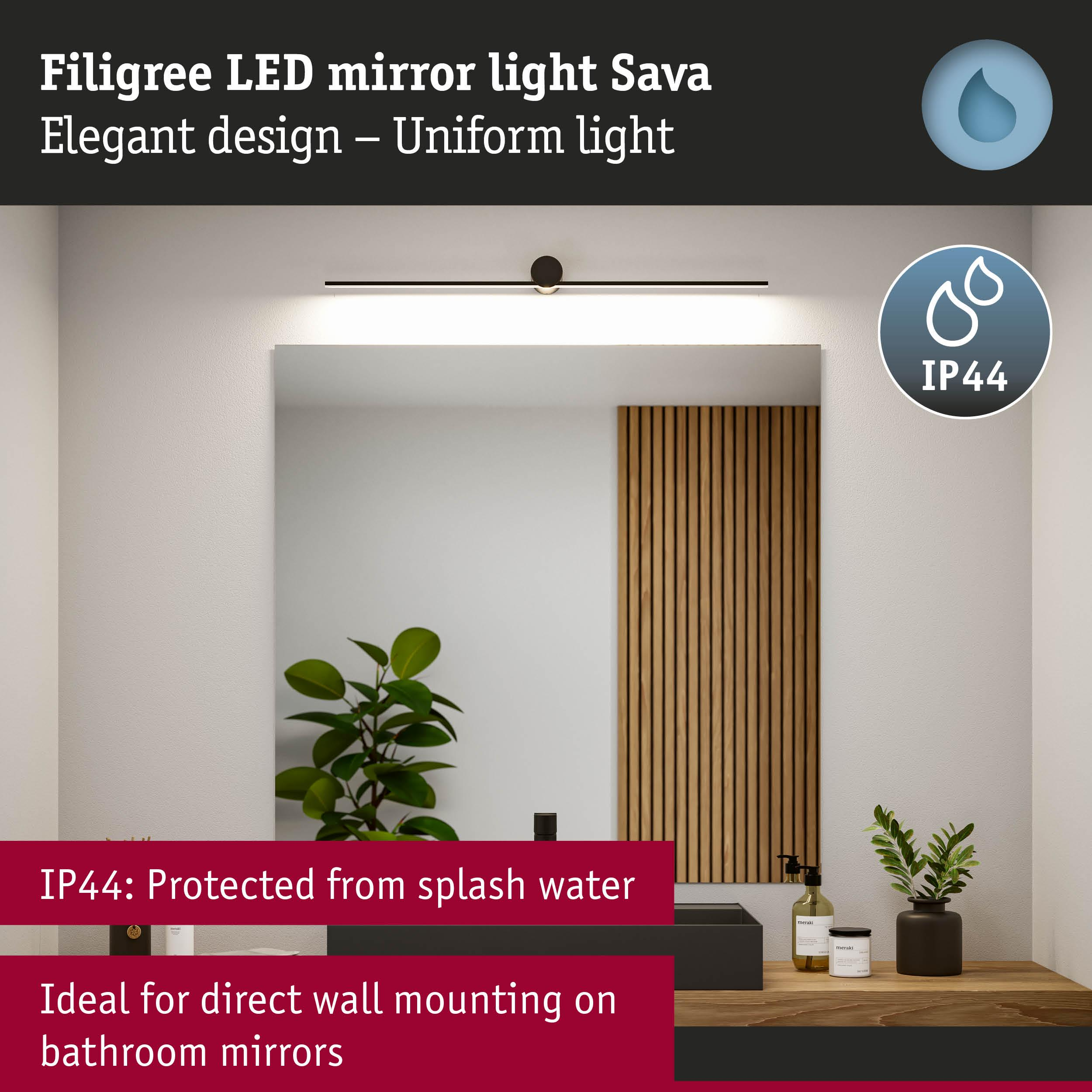 Badezimmerspiegel-Leuchte mit IP44-Schutz. Elegantes Design, gleichmäßige Ausleuchtung.