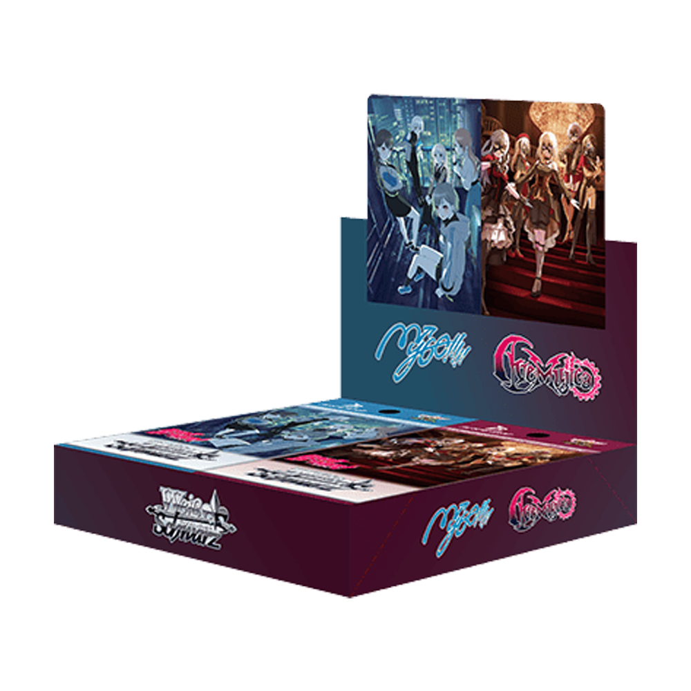 Display mit Anime-Charakteren und Kartenspielen. Dunkles Thema mit roten und blauen Akzenten.