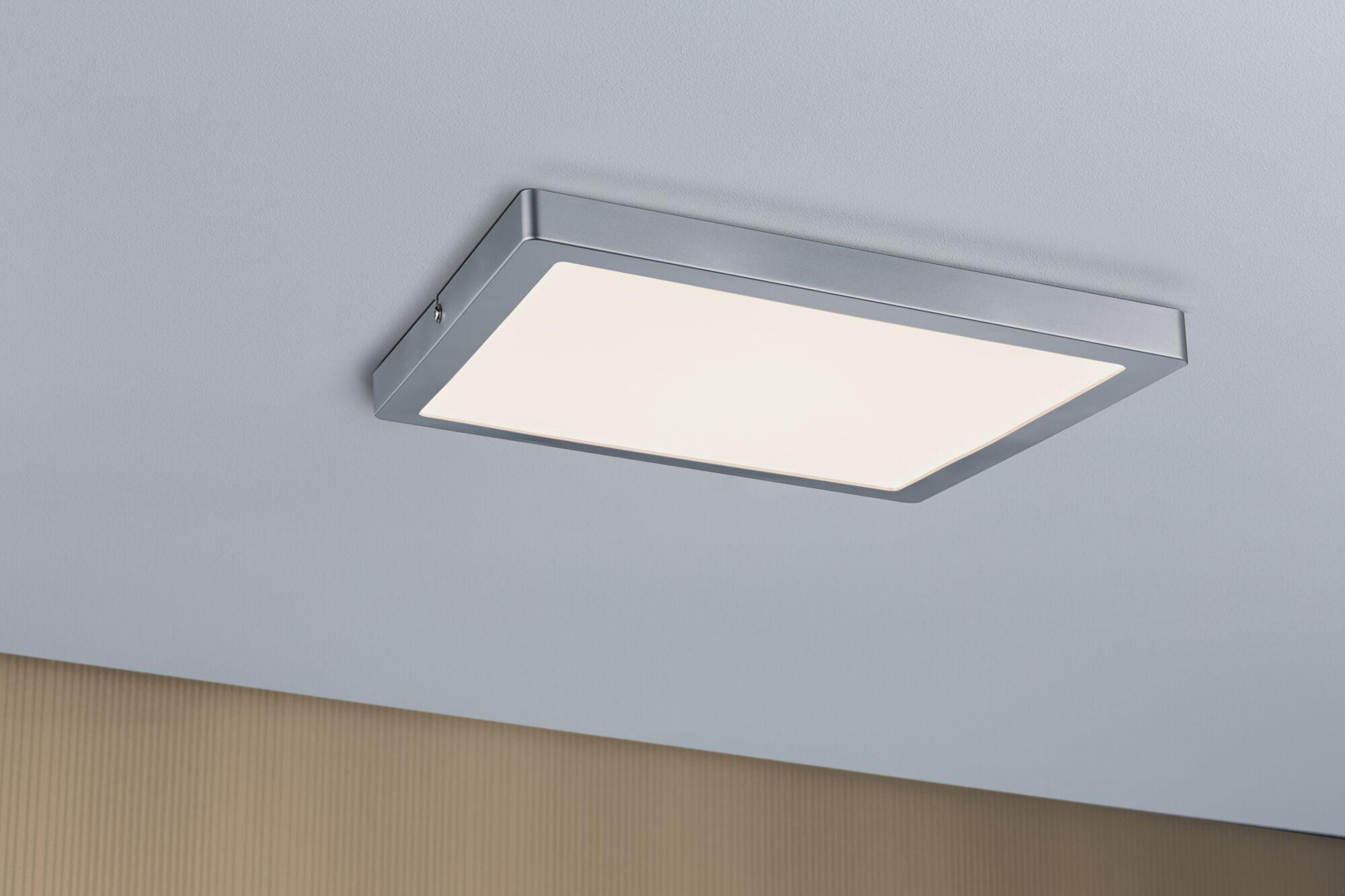 Eine rechteckige Deckenleuchte mit grauem Rahmen und weißem Licht.
