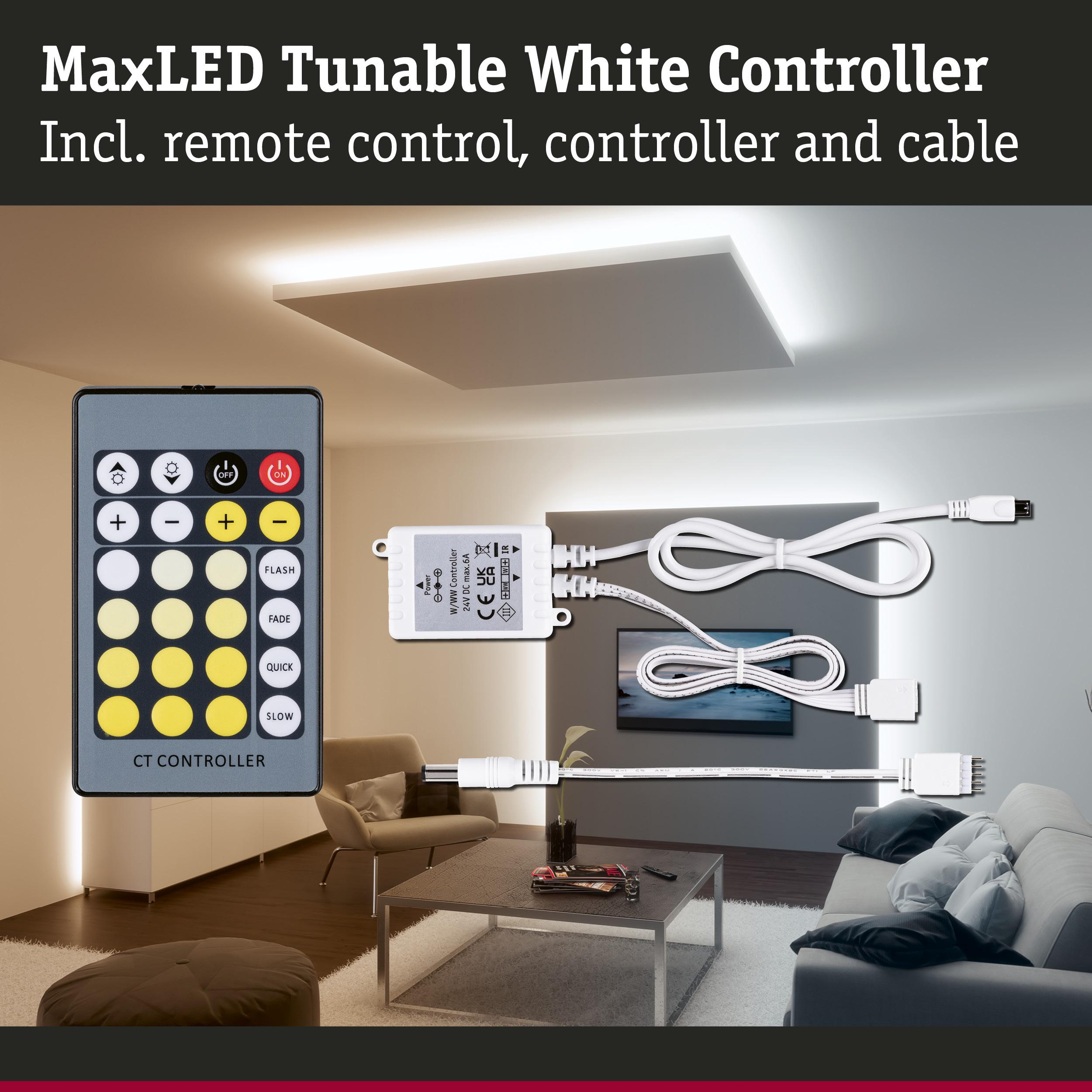 MaxLED Tunable White Controller mit Fernbedienung, Steuergerät und Kabel.