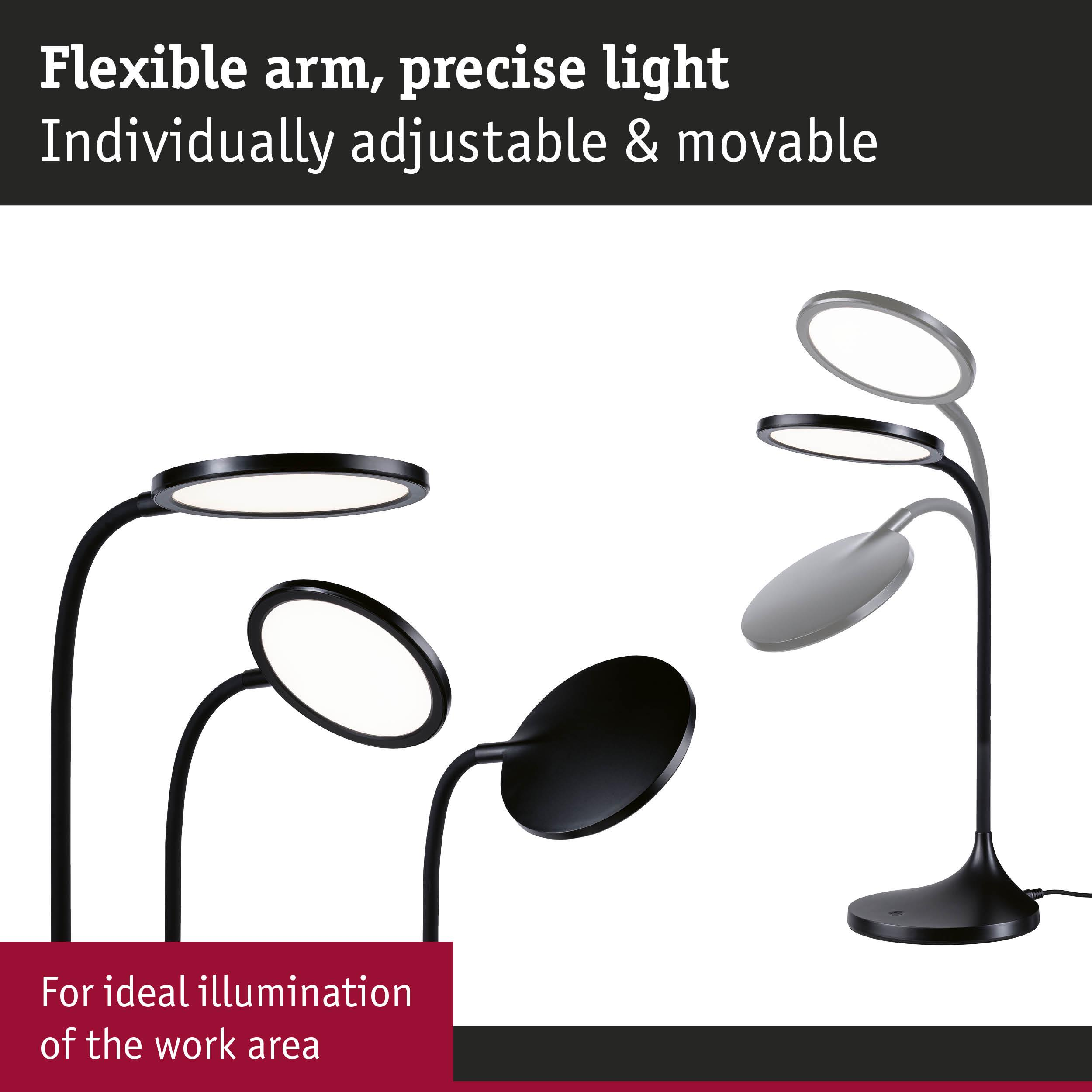 Czarna lampa biurkowa z okrągłym światłem, elastyczna i regulowana.