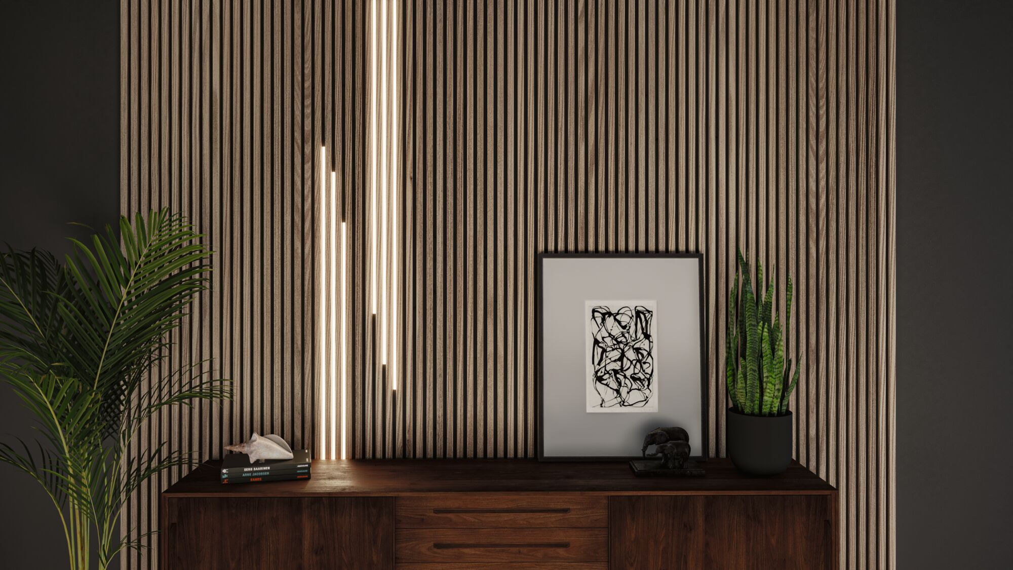 Drewniana ściana z pionowymi światłami, komoda, sztuka i rośliny.