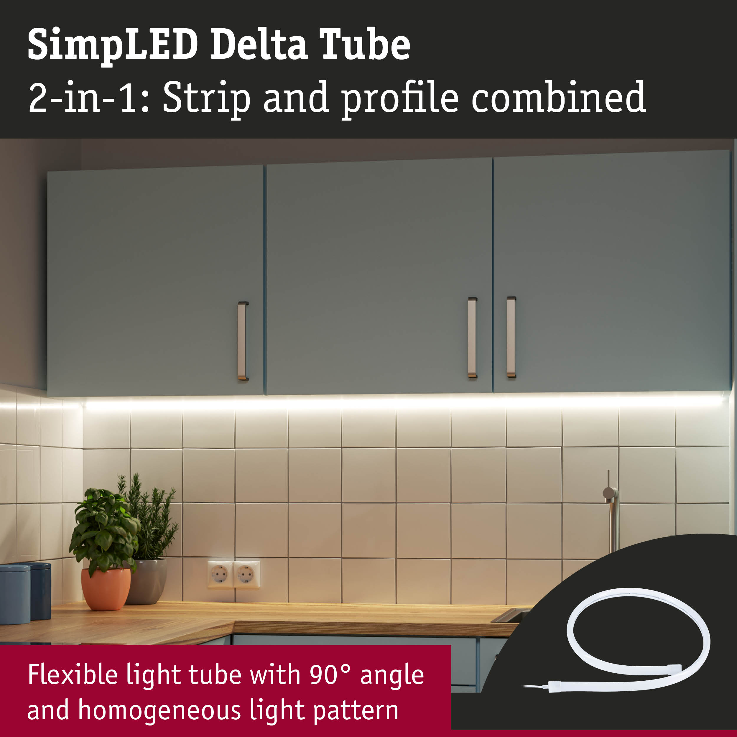 Elastyczna świetlówka z kątem 90° i jednolitym wzorem światła.