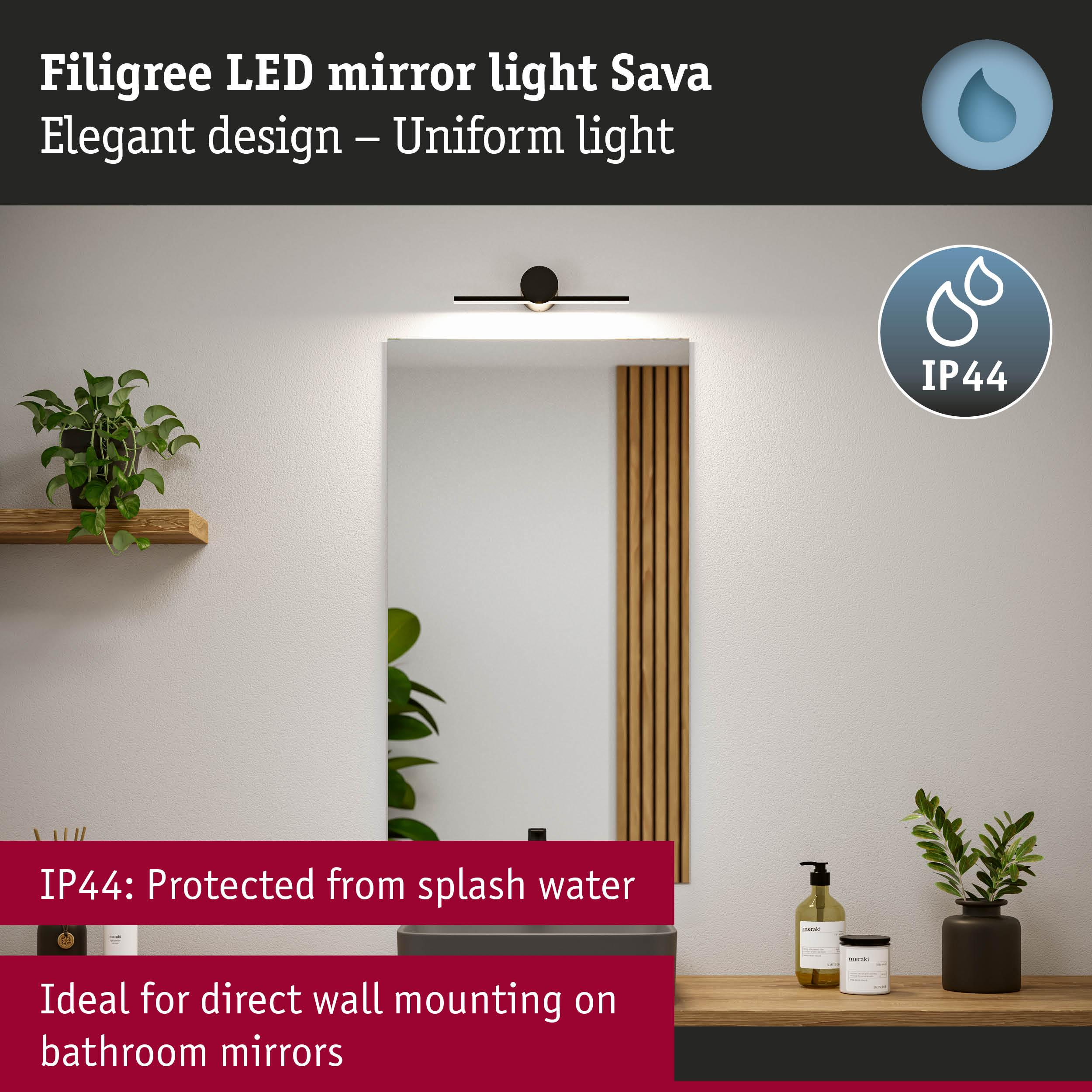 Filigrane LED-Spiegelbeleuchtung Sava mit IP44-Schutz.