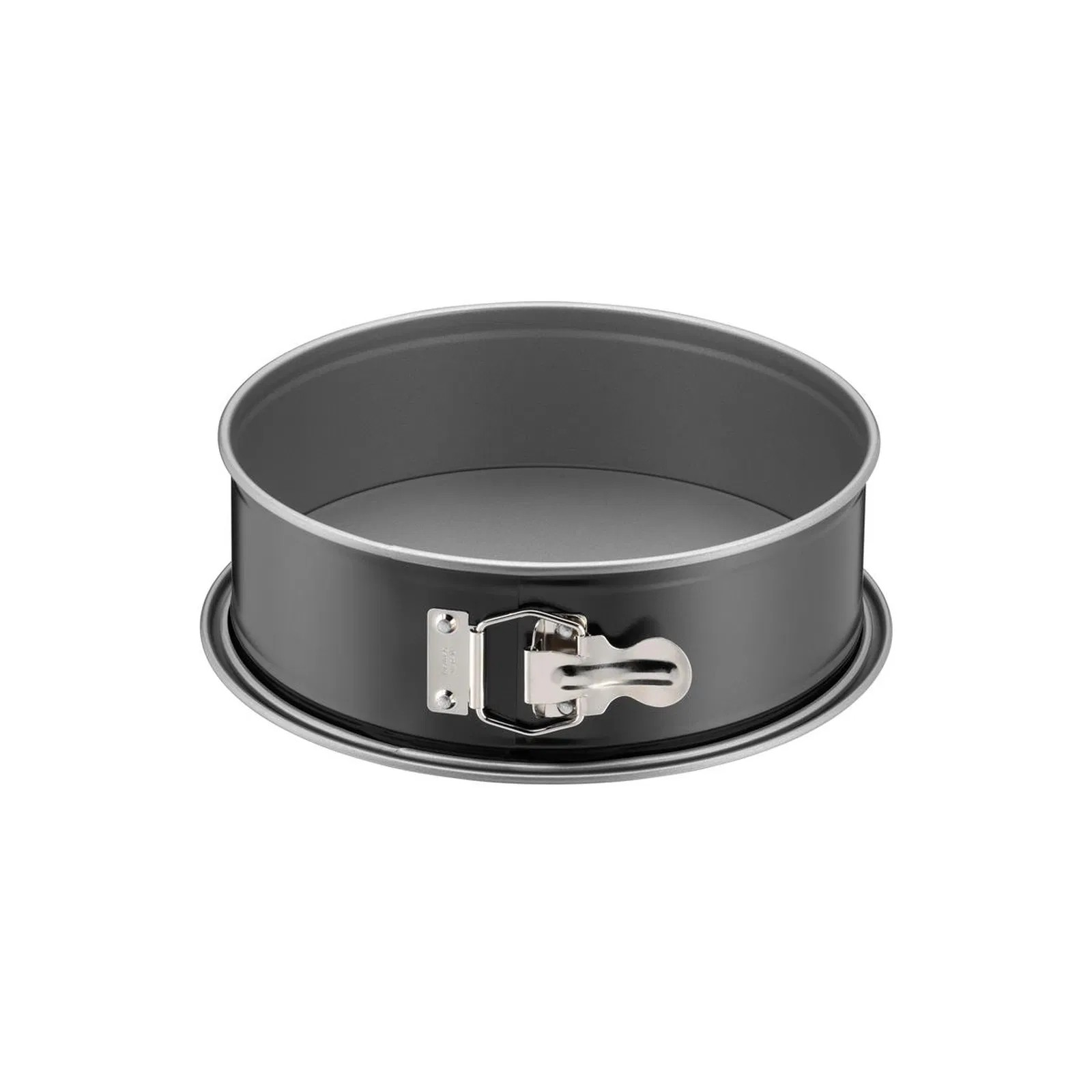 Okrągła szara forma do ciasta ze srebrnym zatrzaskiem.
