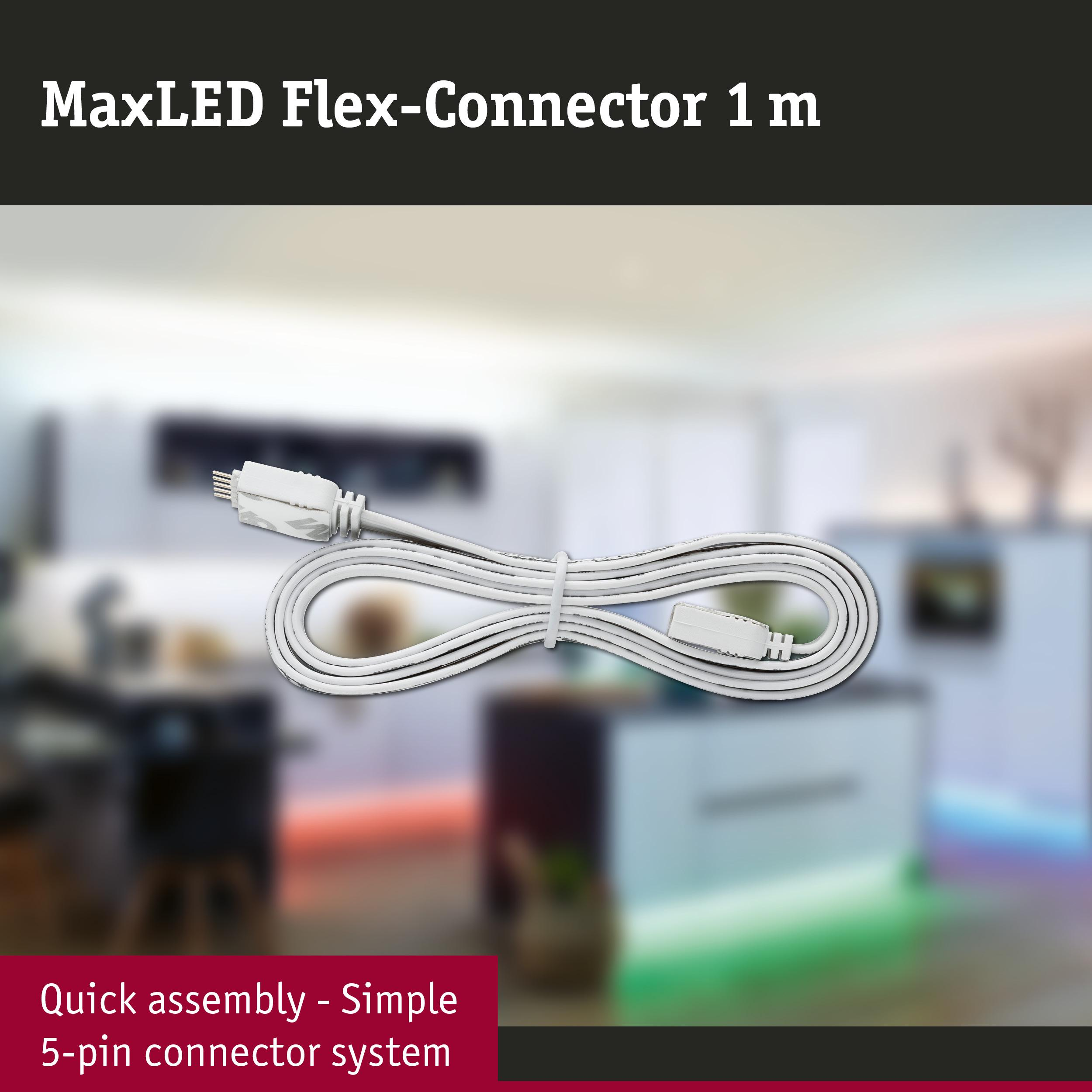 Ein weißes Flex-Kabel mit 5-Pin-Anschlüssen auf einem unscharfen Küchenhintergrund.