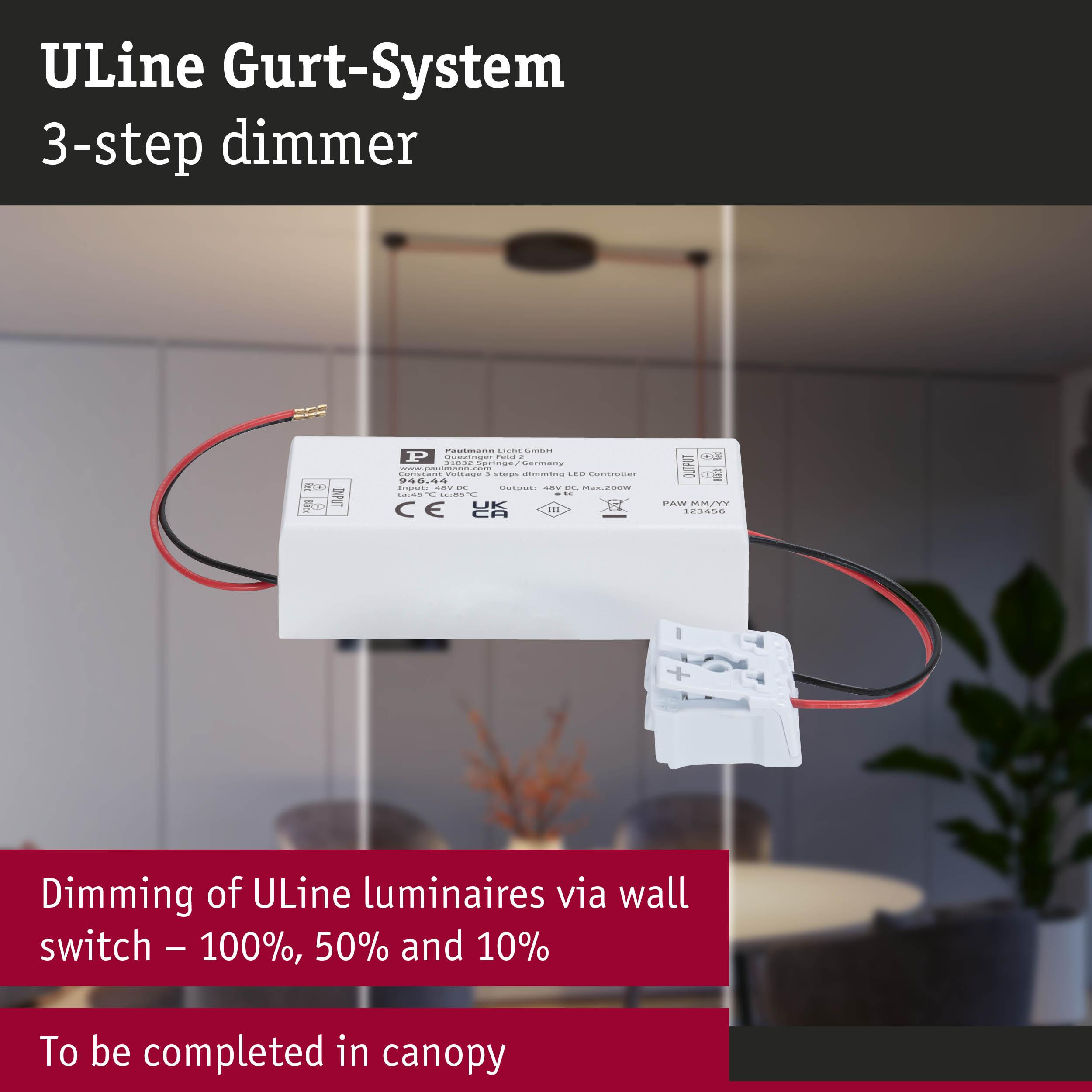 Contrôleur LED blanc avec fils et étiquette, pour systèmes de rail ULine, variateur 3 niveaux.