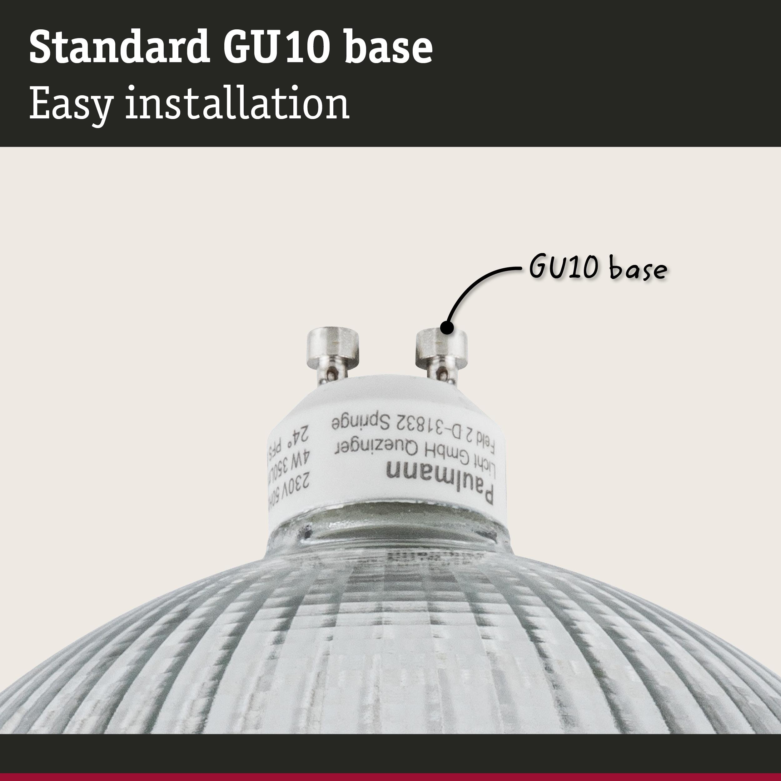 Zbliżenie na trzonek żarówki GU10 z napisem. Łatwa instalacja.