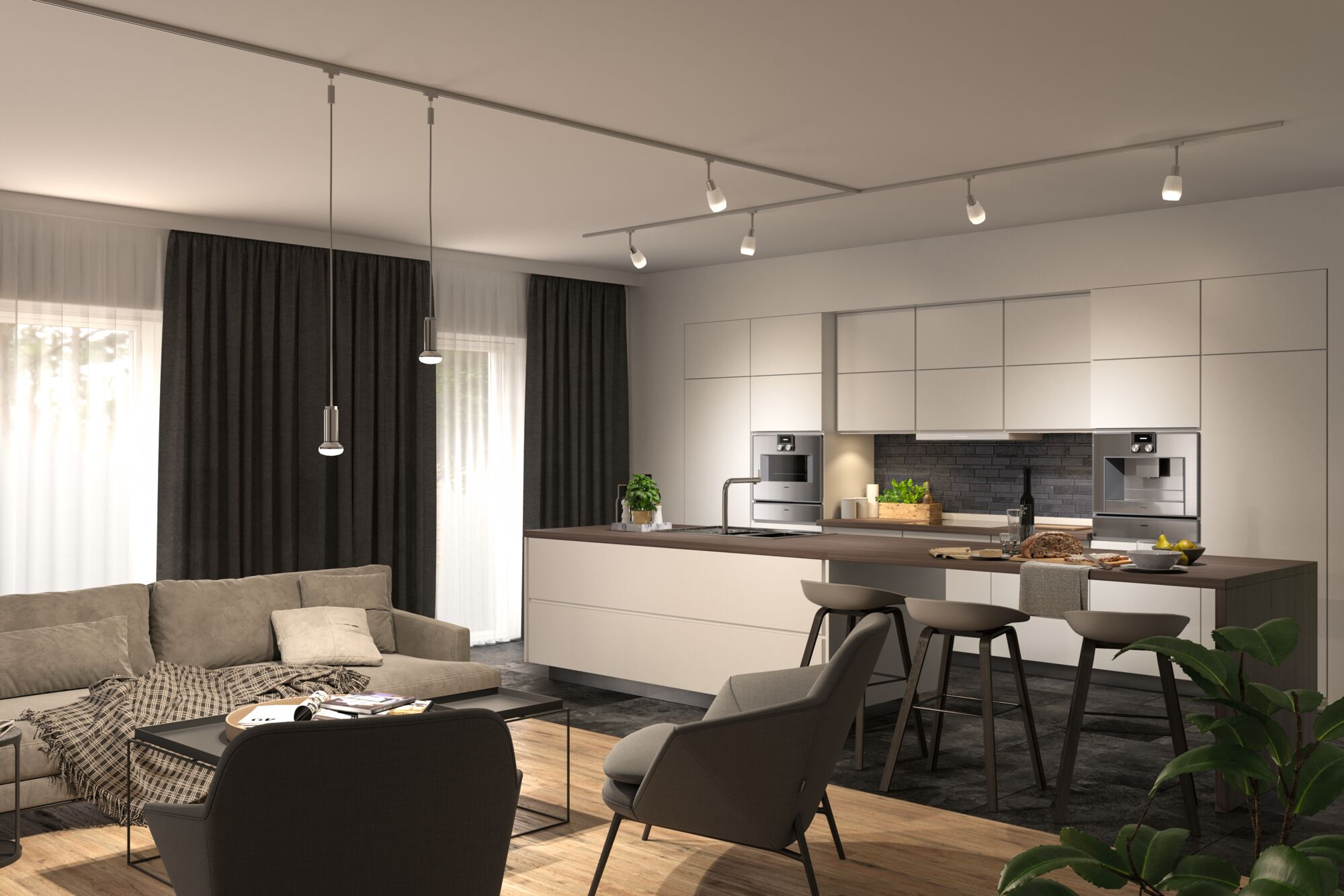 Modernes Wohnzimmer mit offener Küche, Sofa, Couchtisch und Kücheninsel mit Hockern.
