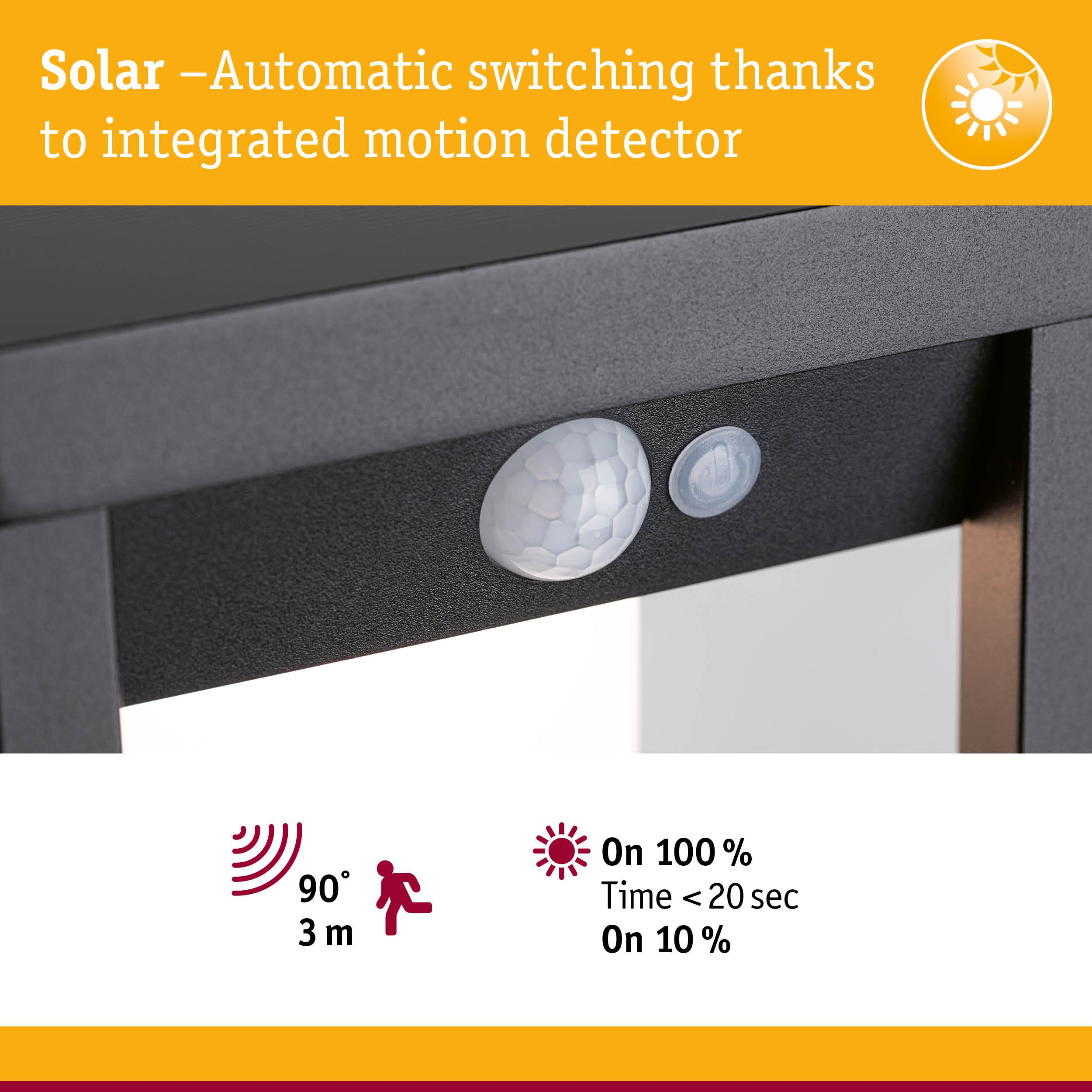 Lampa solarna z czujnikiem ruchu: 90° detekcja, zasięg 3m.