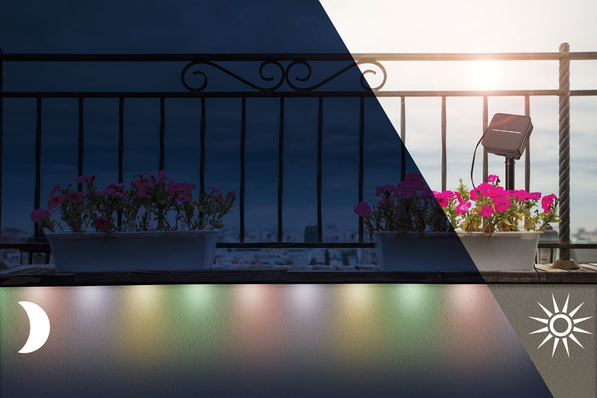 Blumenkästen auf einem Balkon bei Tag und Nacht, mit Solarleuchte.