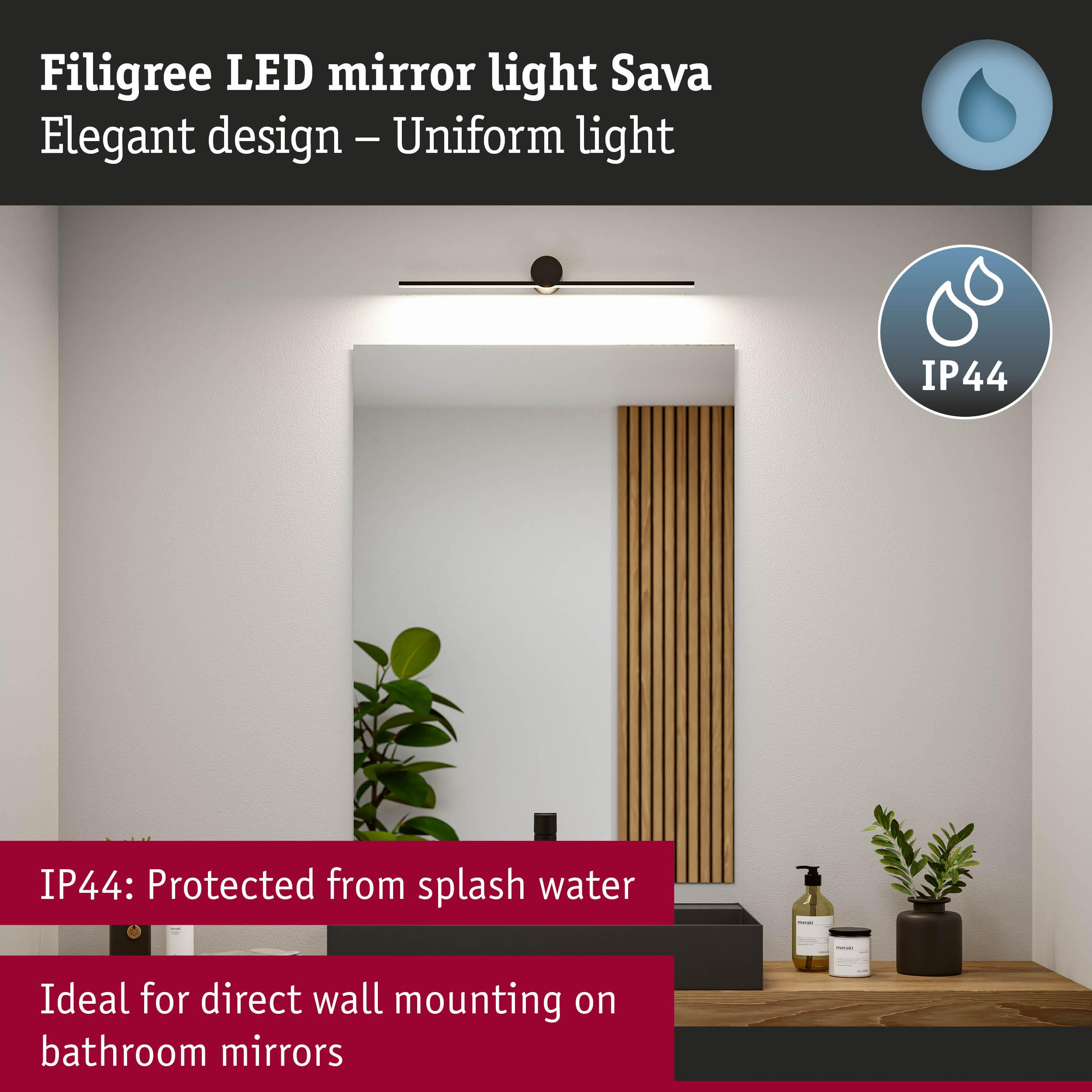 Ein moderner Badezimmerspiegel mit LED-Beleuchtung und IP44-Schutz.