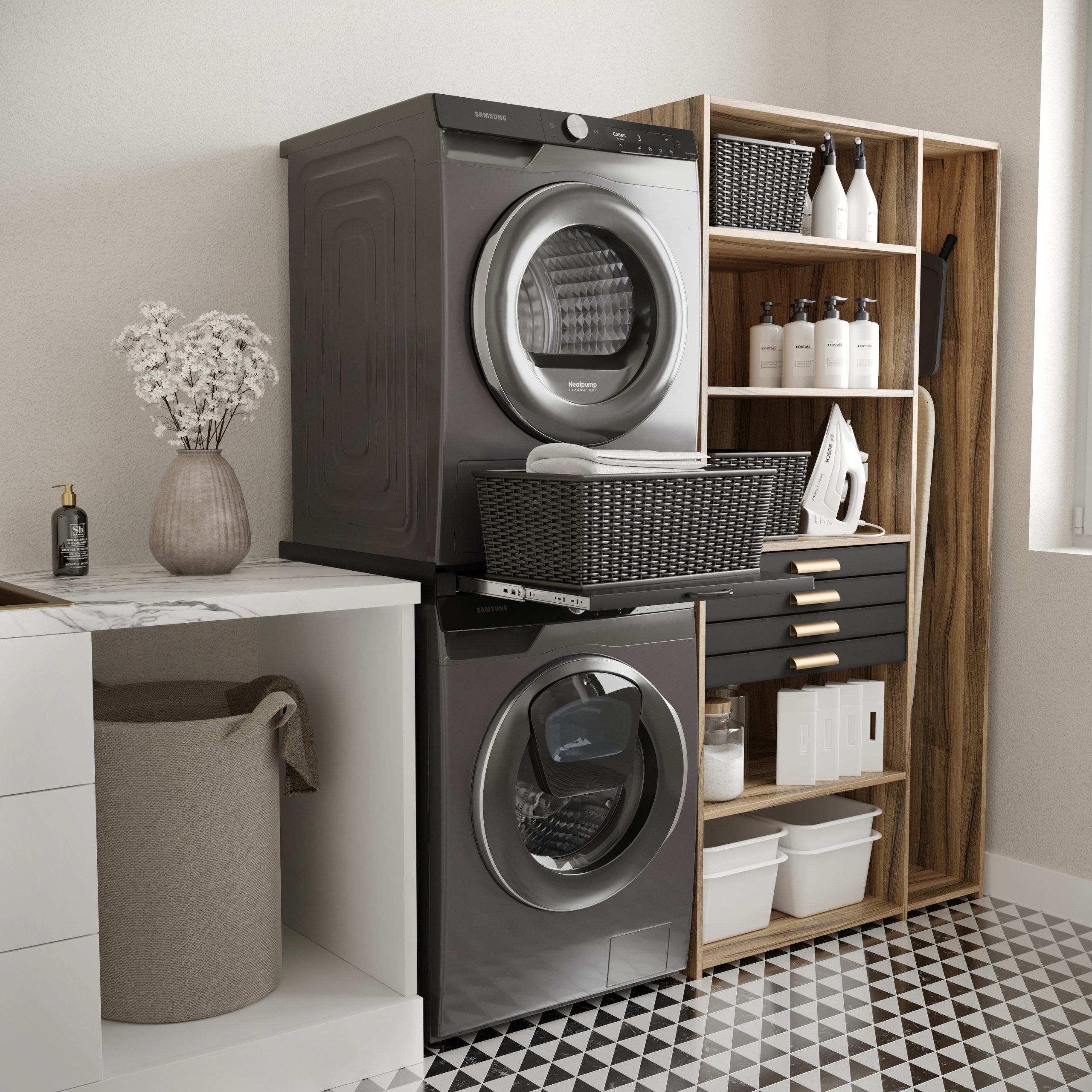 Gray washer and dryer stacked next to a wood shelf with baskets and bottles.