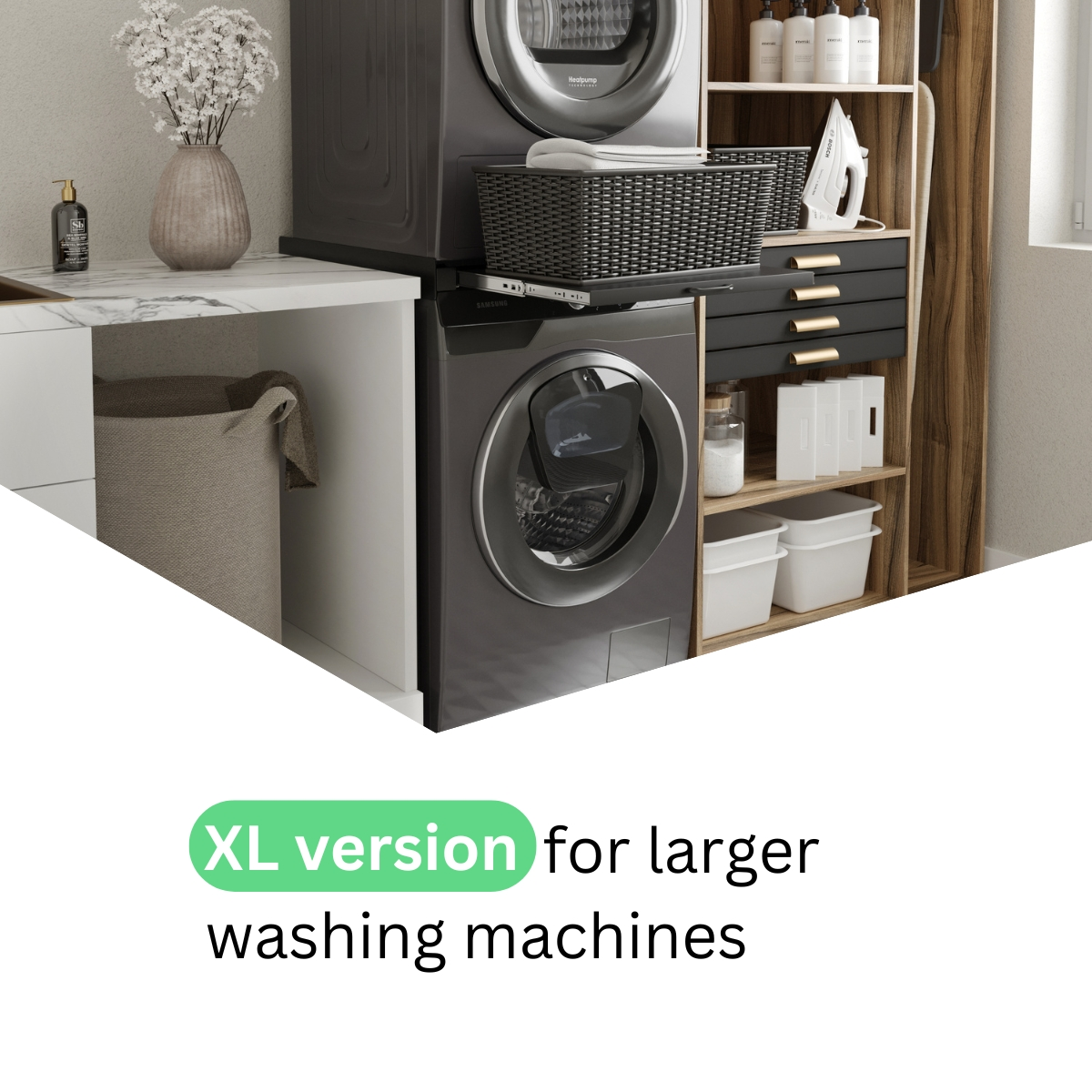 Two washing machines are stacked. A basket sits on the top one.