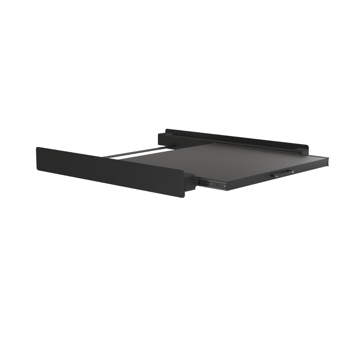 Black pull-out shelf with handle and side guards.