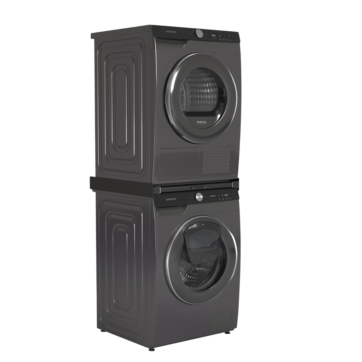 A gray Samsung dryer is stacked on top of a gray Samsung washing machine.