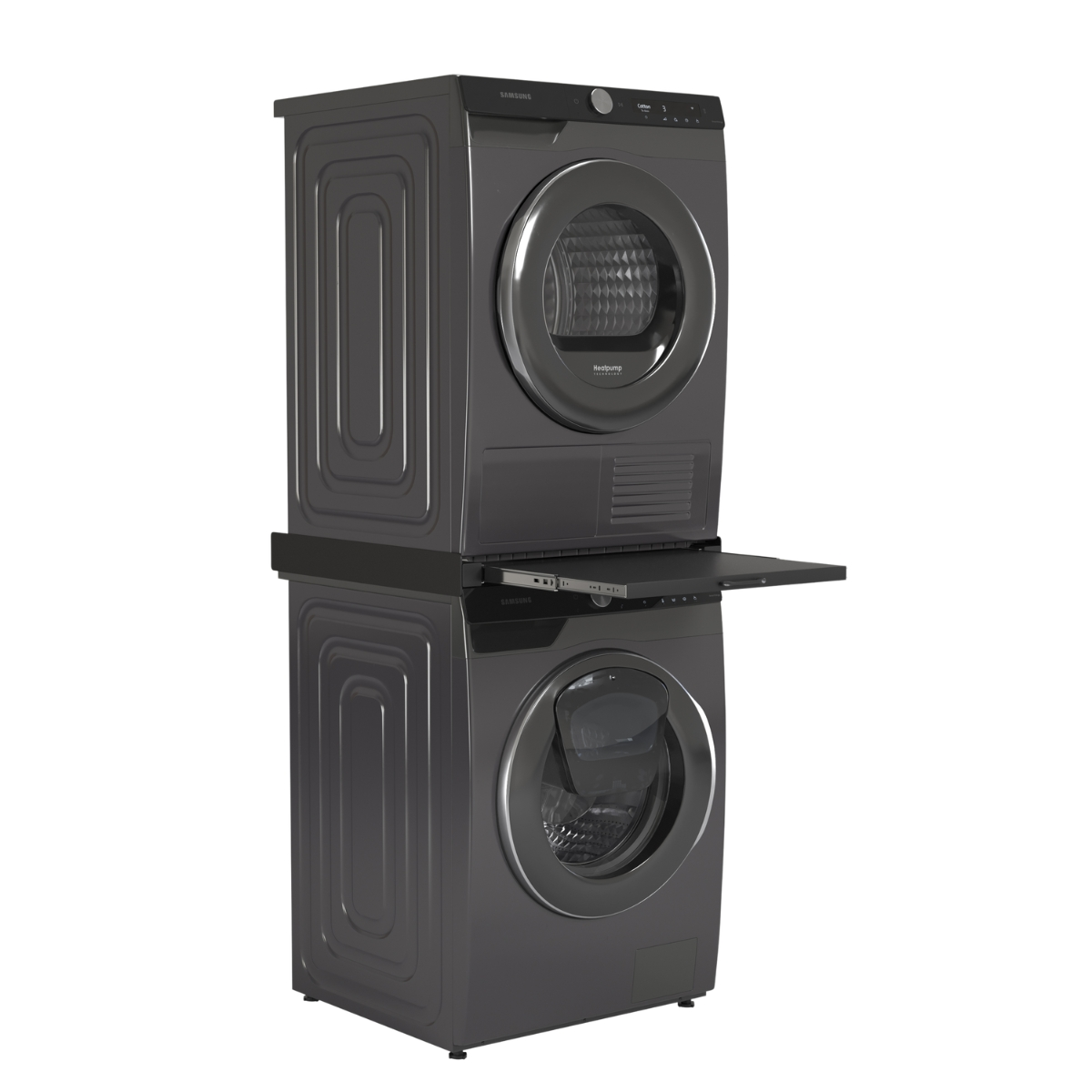 A gray Samsung dryer and washing machine are stacked on top of each other.