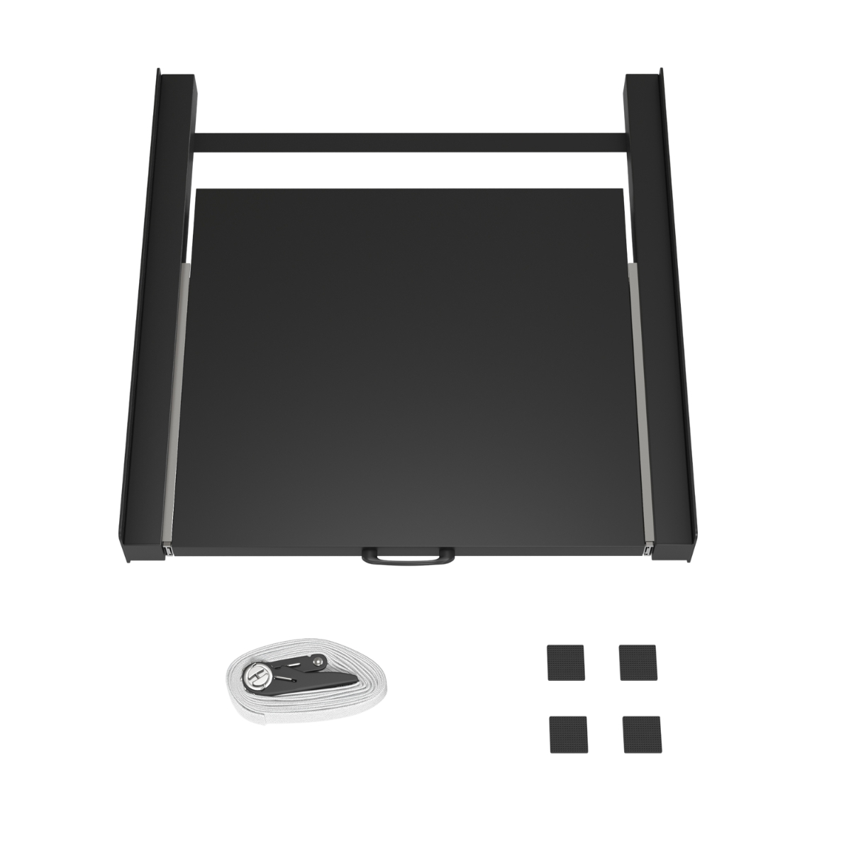 Black pedestal with handle and accessories: strap and four rubber feet.