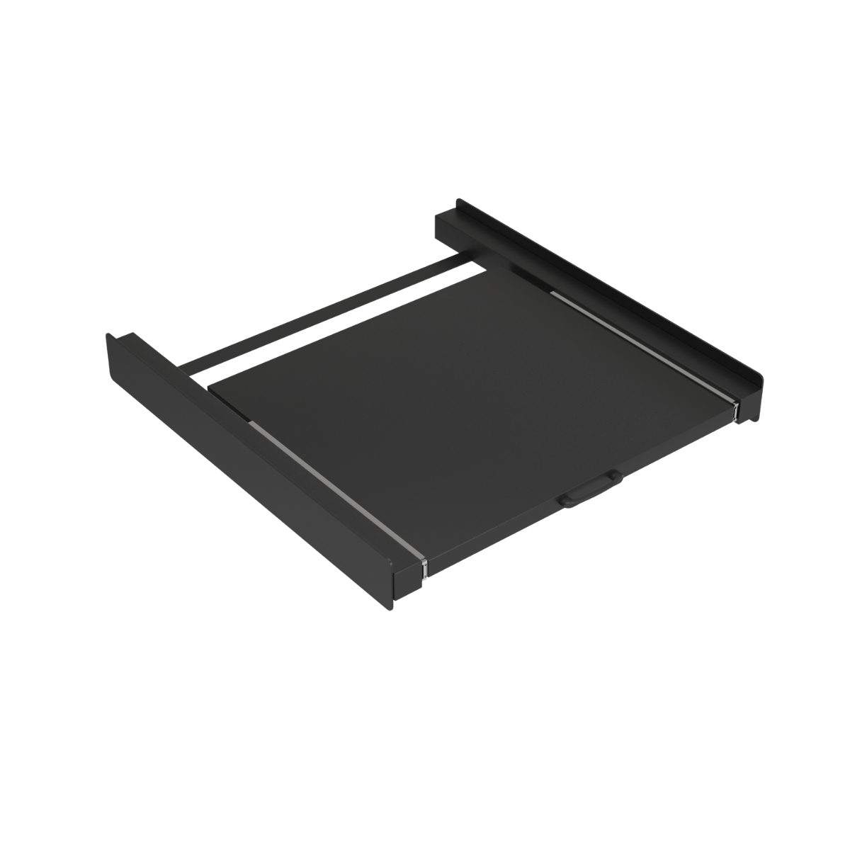 Black pull-out shelf with side guides and a handle.