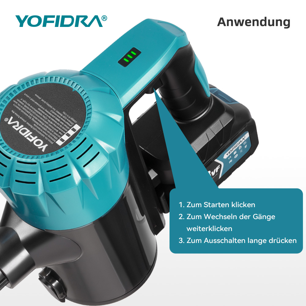 Una aspiradora inalámbrica azul verdoso con indicadores LED verdes e instrucciones.