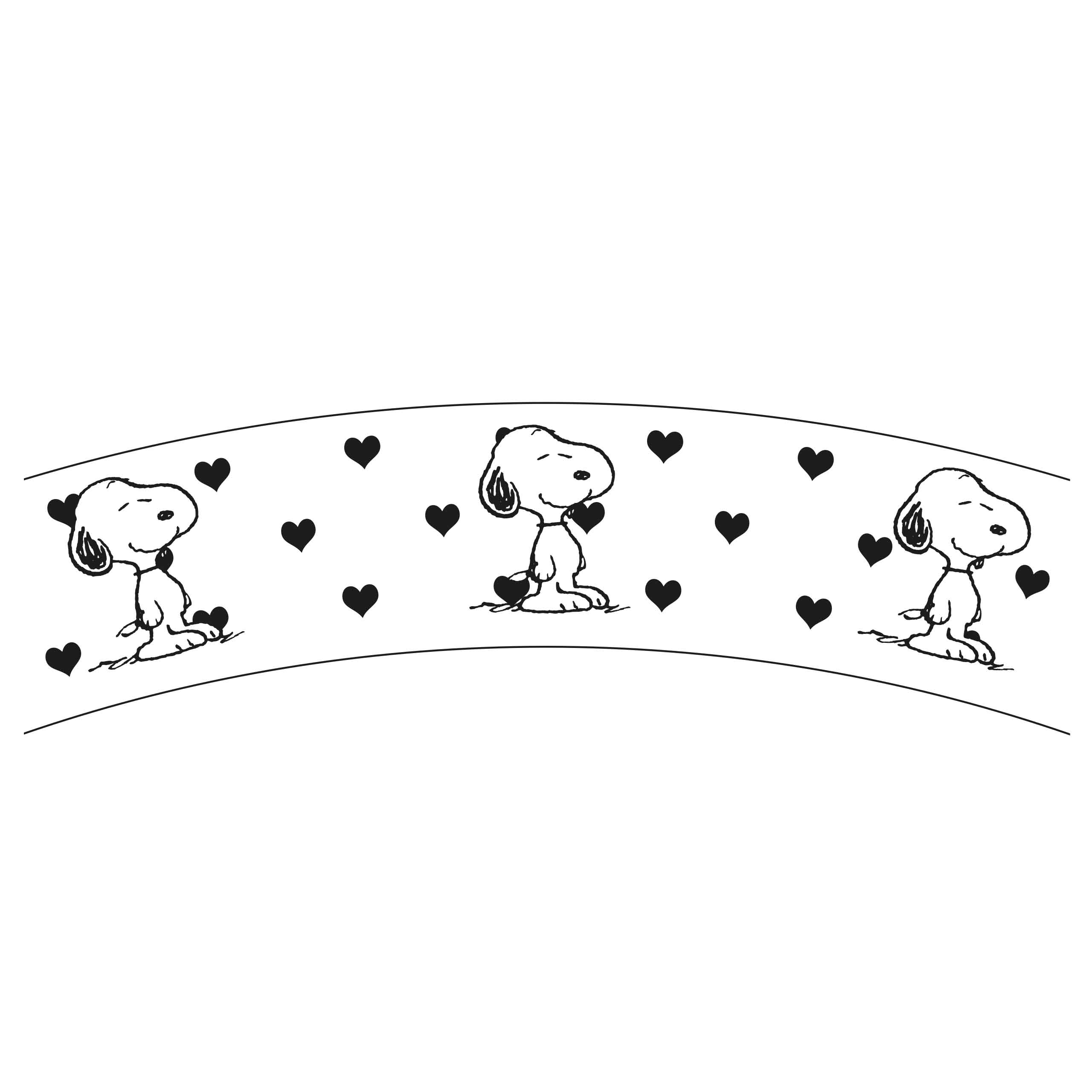 Drei Snoopy-Figuren mit Herzen auf weißem Hintergrund.