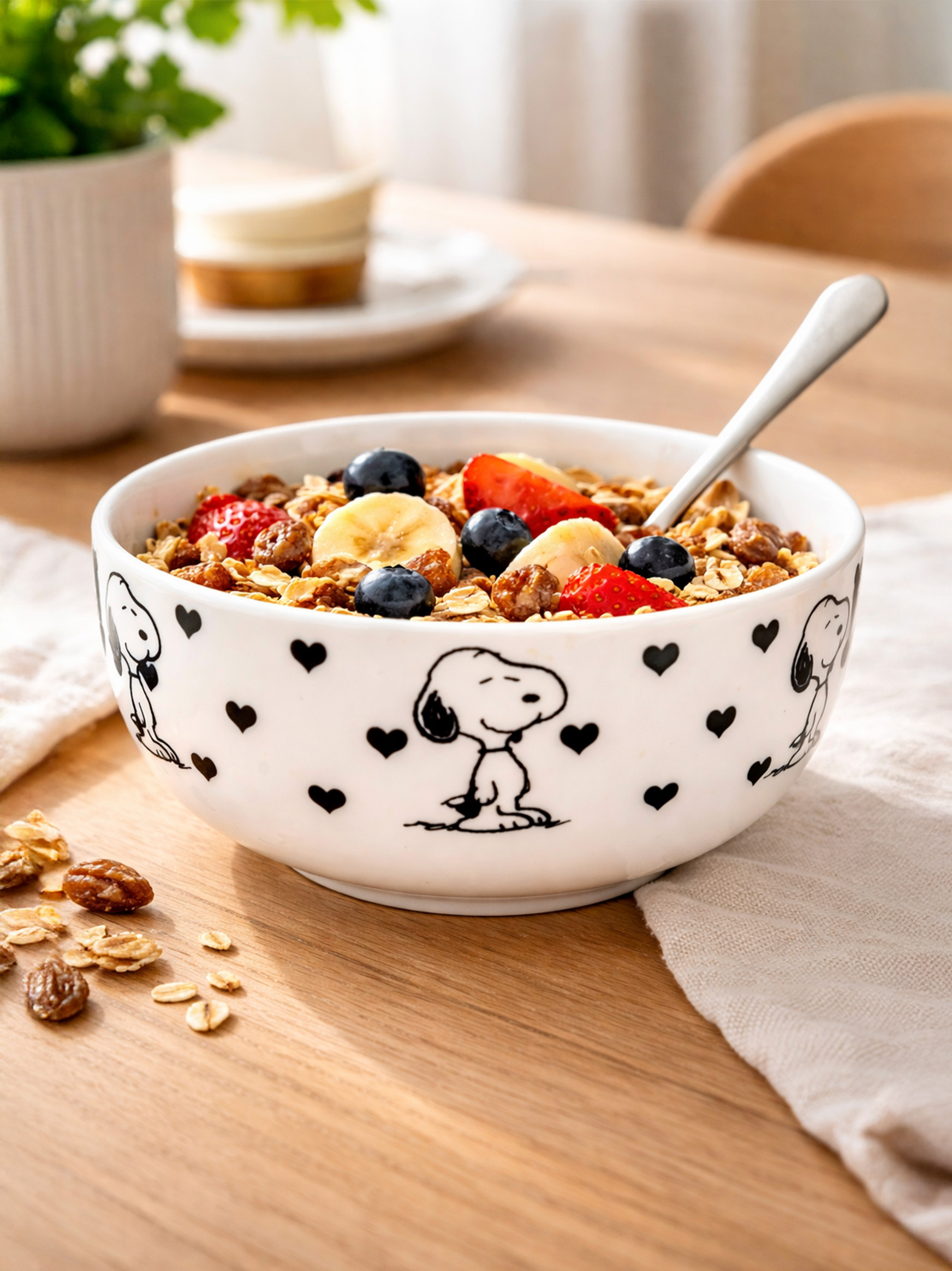 Eine Schüssel Müsli mit Früchten und Snoopy-Motiv. Auf Holztisch.