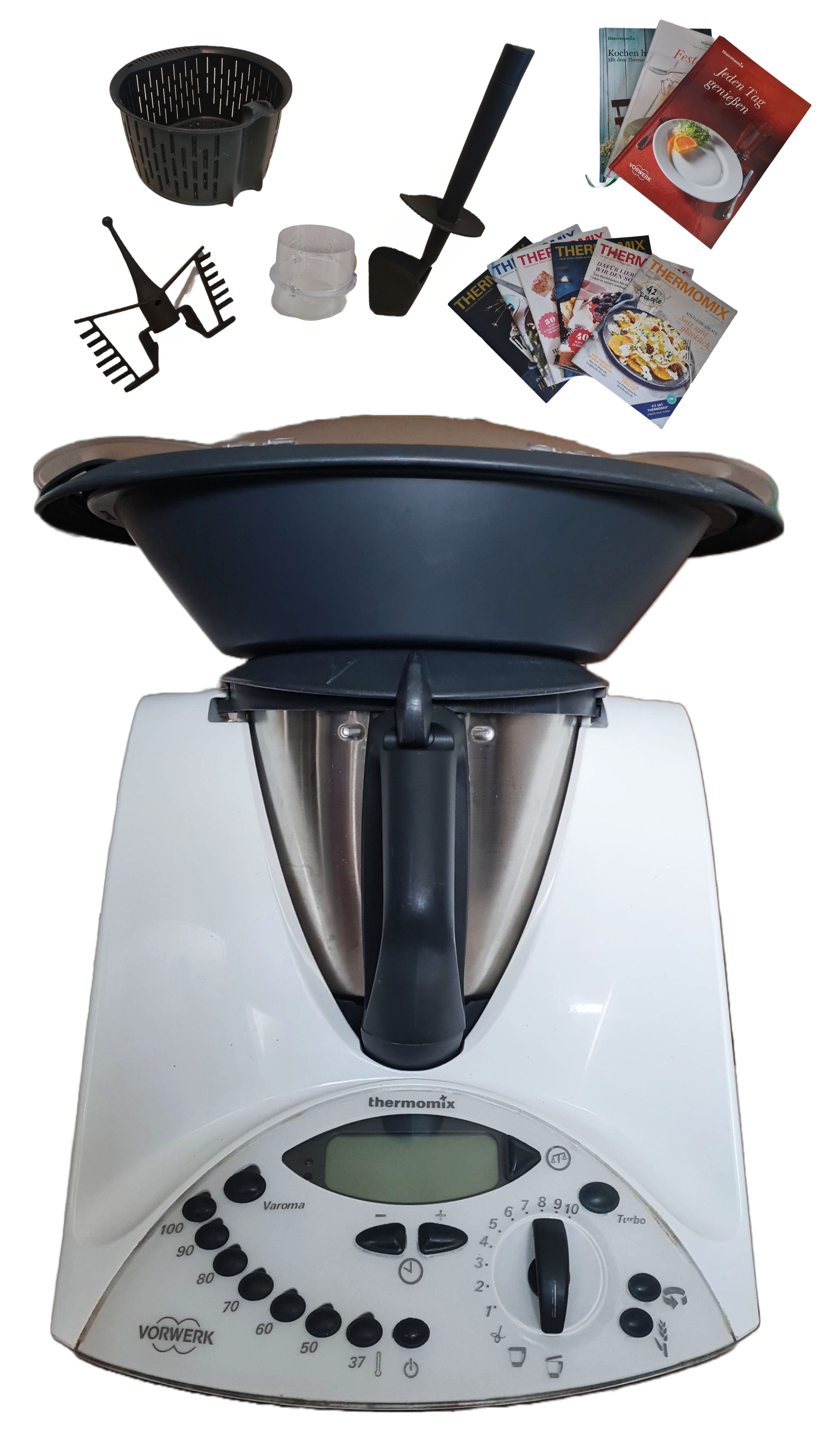 Thermomix Kochmaschine mit Zubehör: Varoma-Einheit, Messer, Kochbücher.